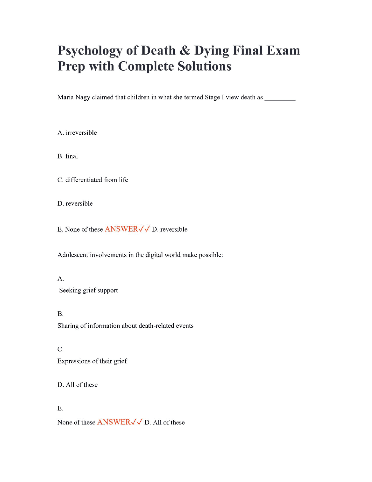 Psychology of Death & Dying Final Exam Prep with Complete Solutions ...