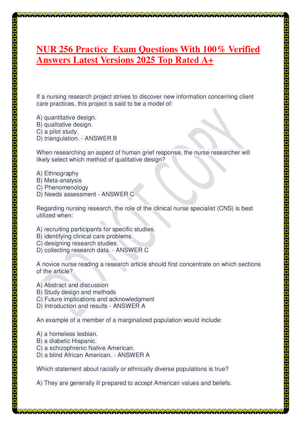 NUR 256 Practice Exam Questions With 100% Verified Answers Latest ...