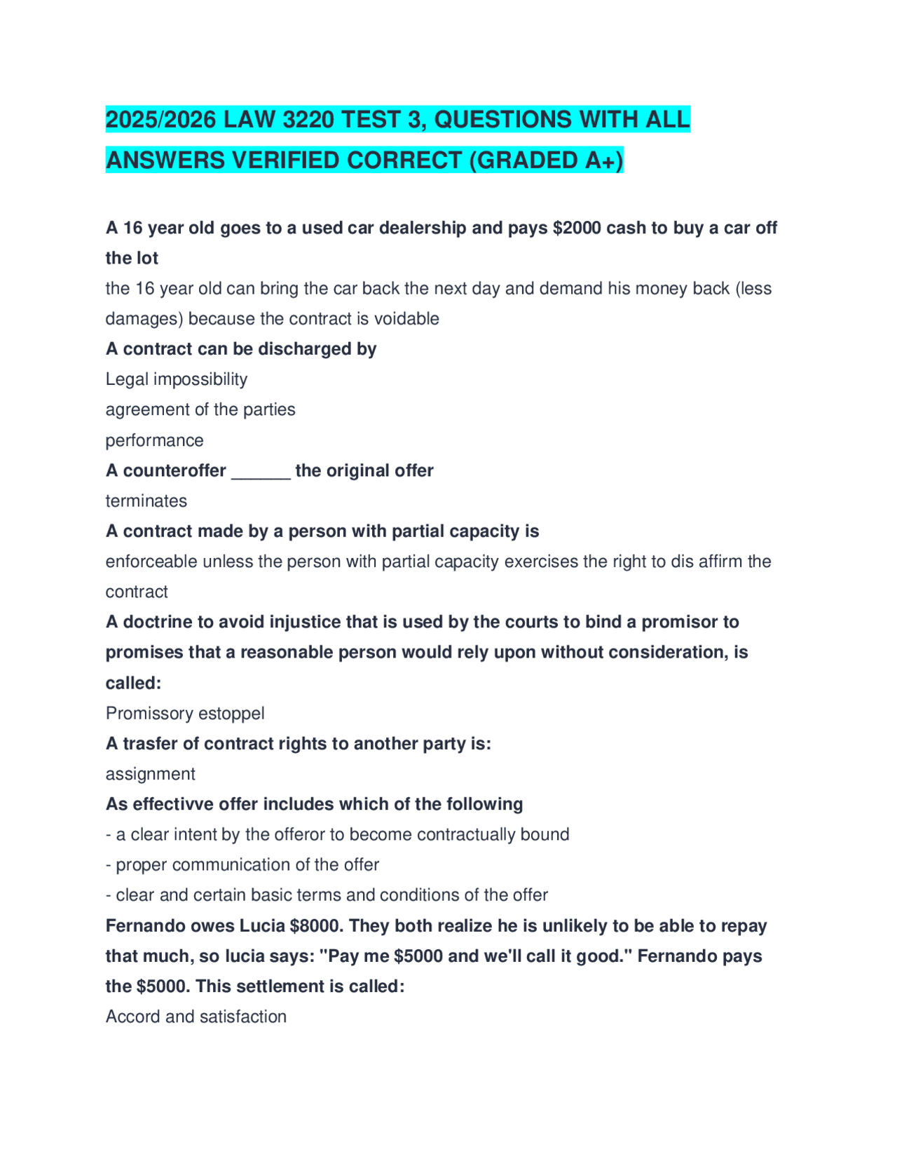 2025/2026 LAW 3220 TEST 3, QUESTIONS WITH ALL ANSWERS VERIFIED CORRECT ...