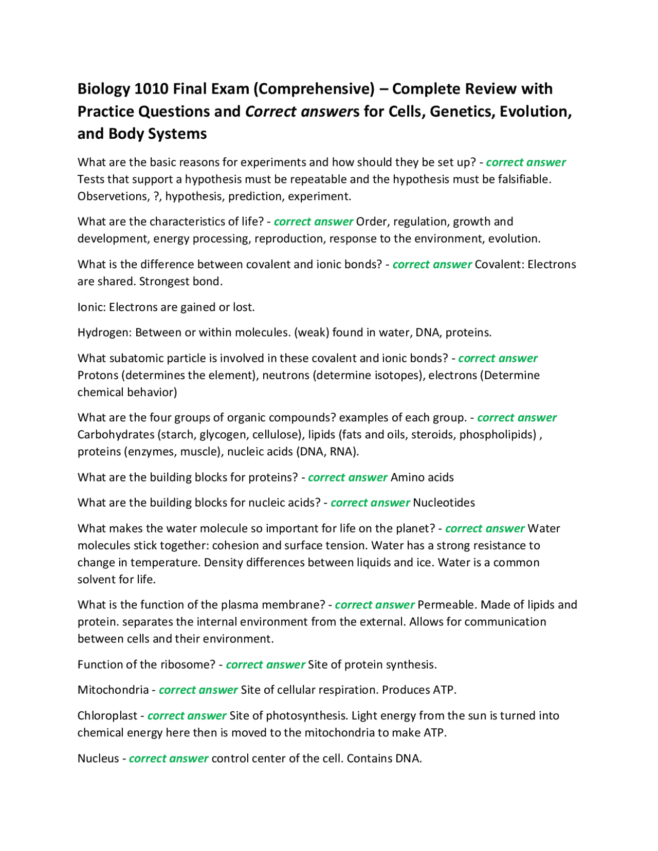 Biology 1010 Final Exam (Comprehensive) – Complete Review with Practice ...