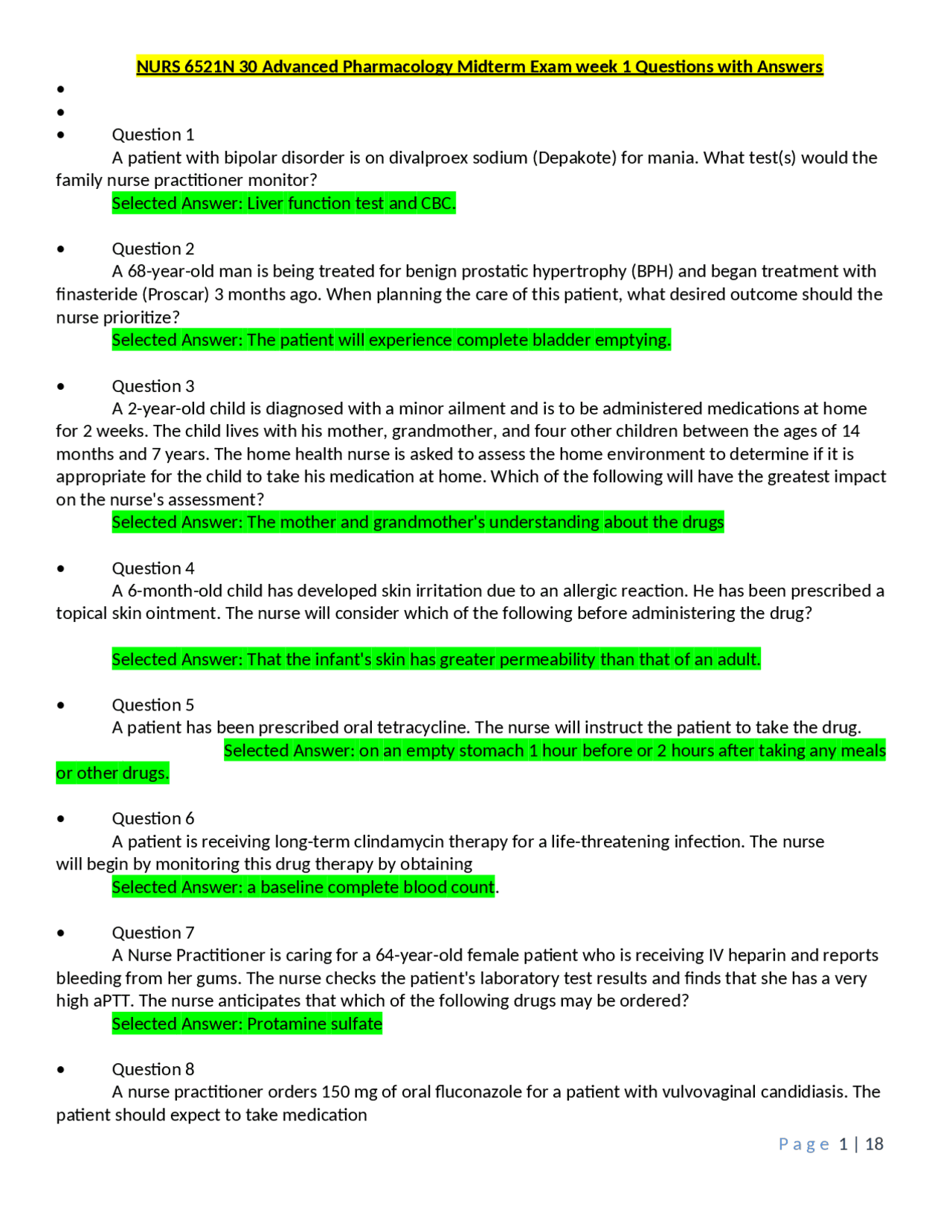 NURS 6521N 30 Advanced Pharmacology Midterm Exam week 1 Questions with ...