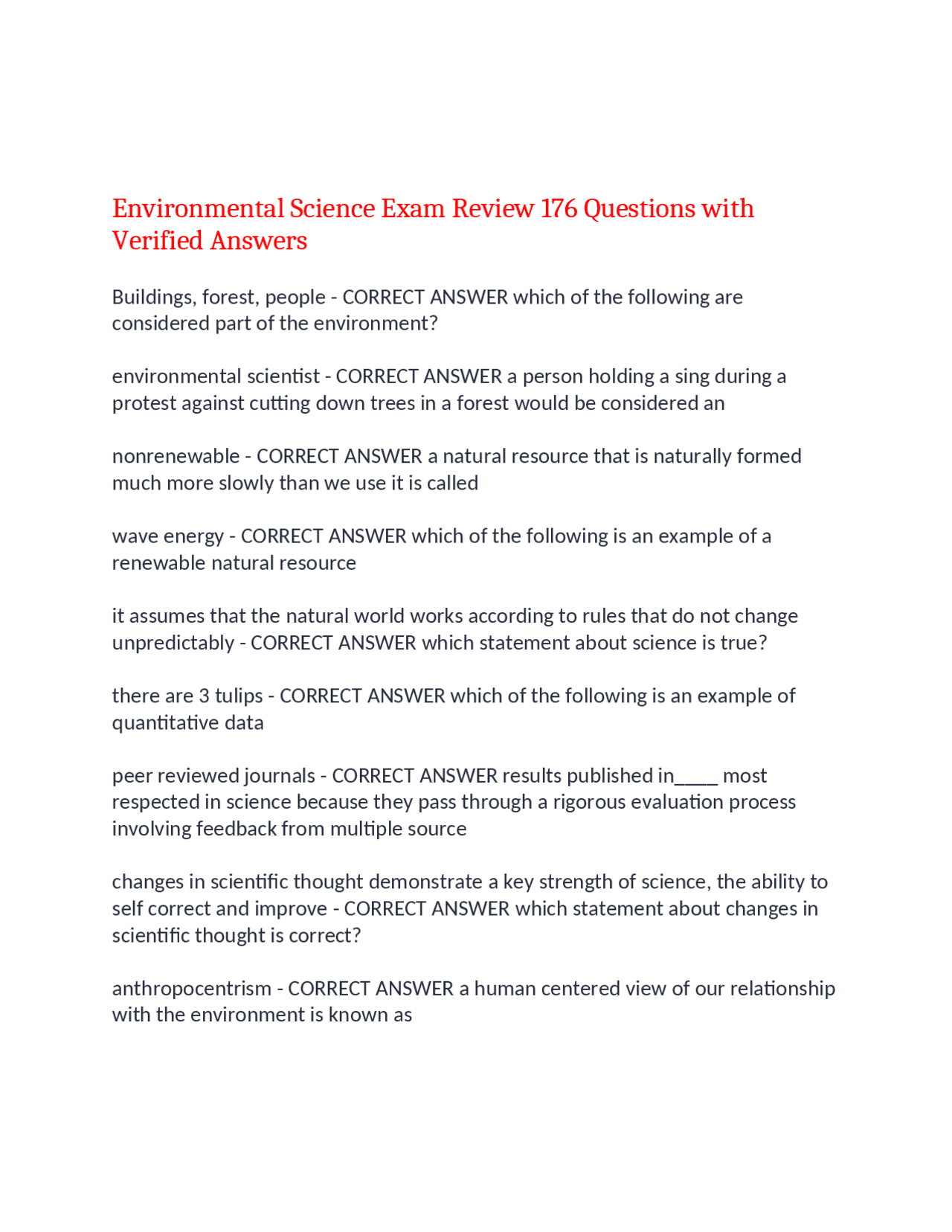 Environmental Science Exam Review 176 Questions with Verified Answers ...