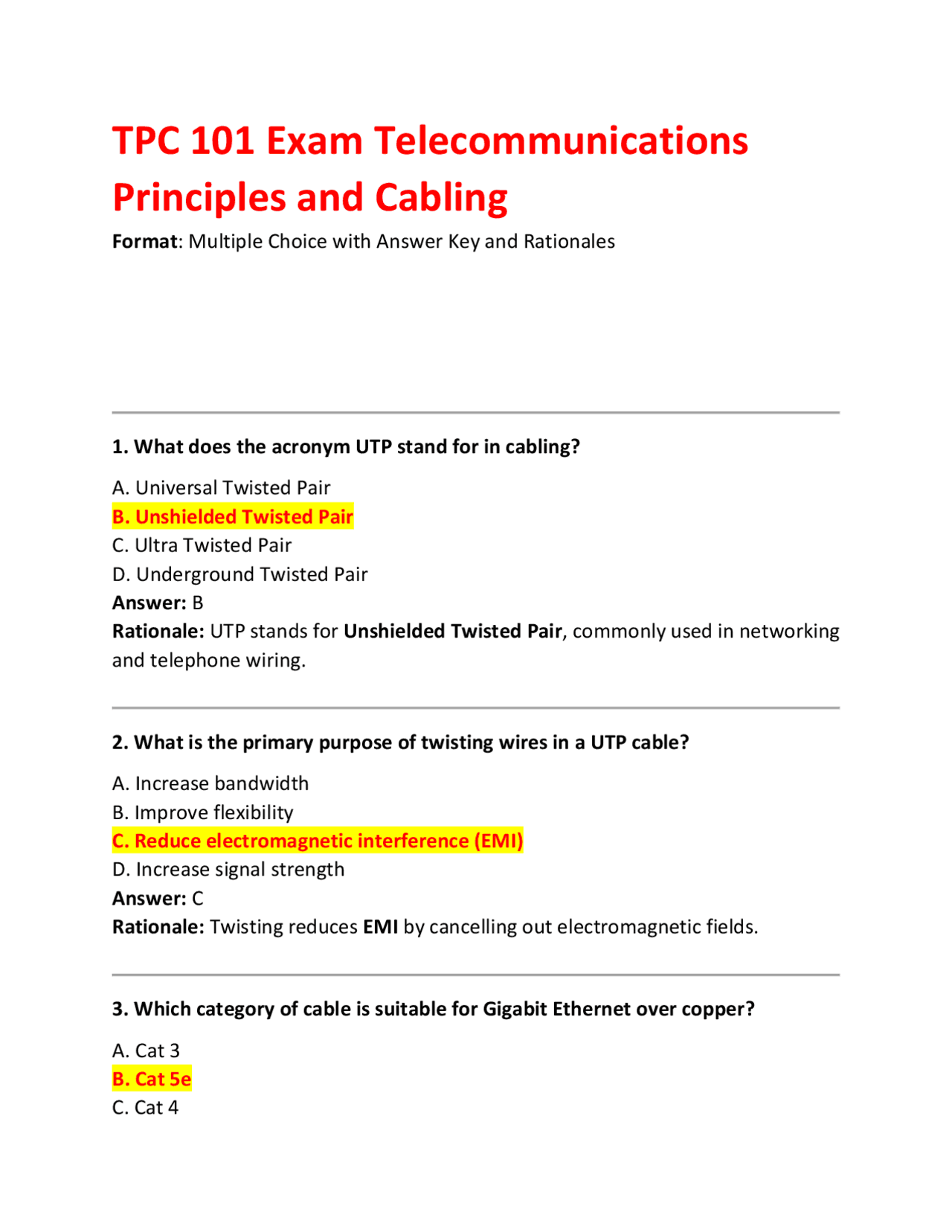 Telecommunications & Cabling Exam: UTP, Fiber Optics & Network ...