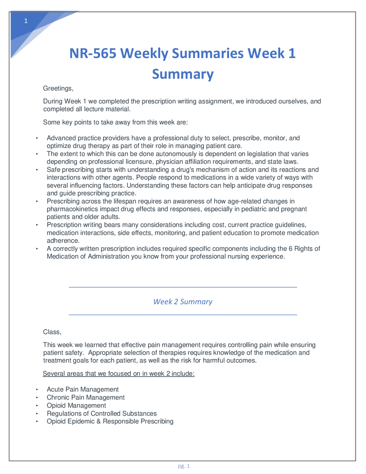 NR-565 Weekly Summaries Week 1 Summary | Exams Nursing | Docsity