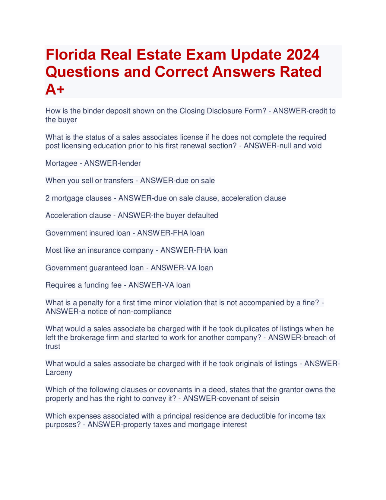 Florida Real Estate Exam Prep 2024: Questions and Answers | Exams Nursing |  Docsity