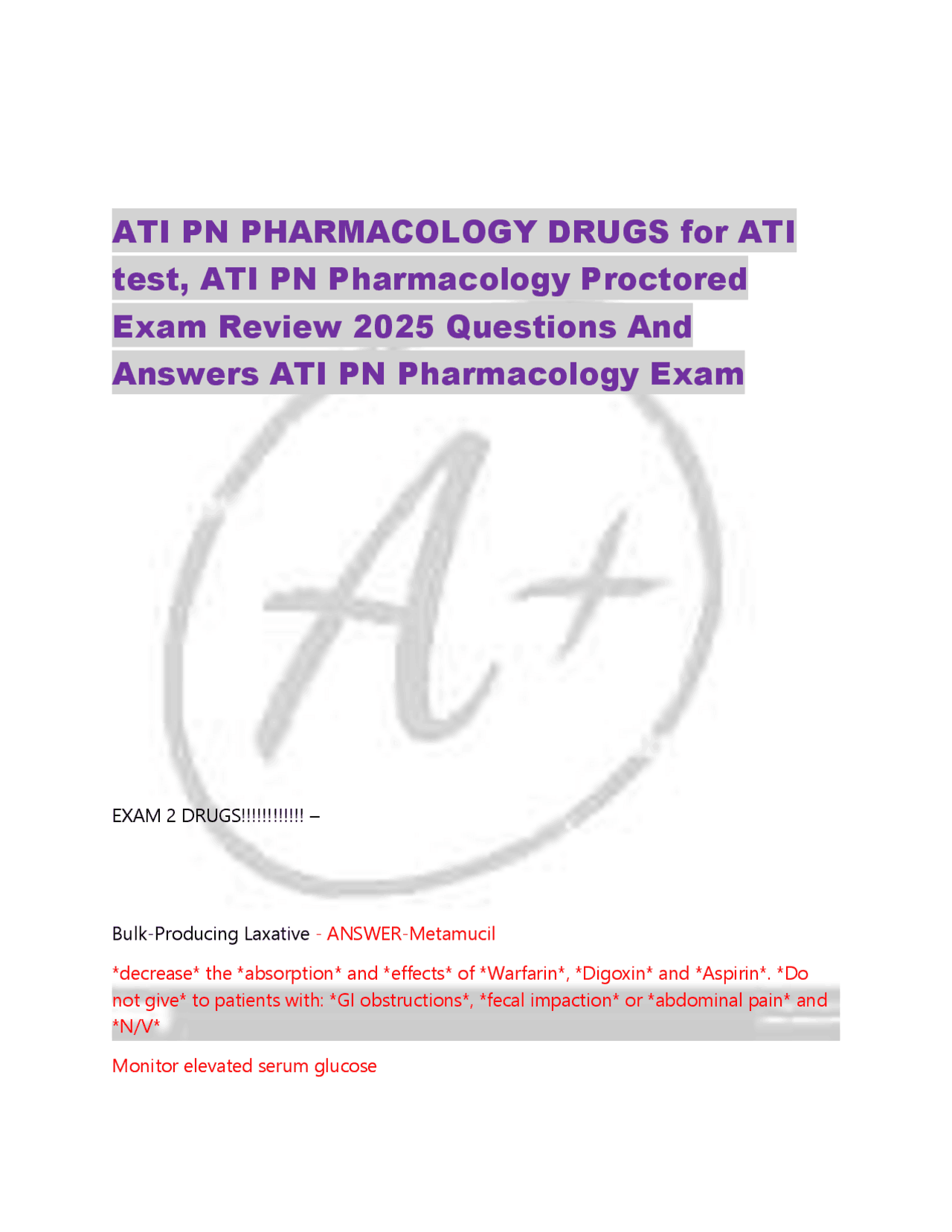 ATI PN PHARMACOLOGY DRUGS for ATI test, ATI PN Pharmacology Proctored ...