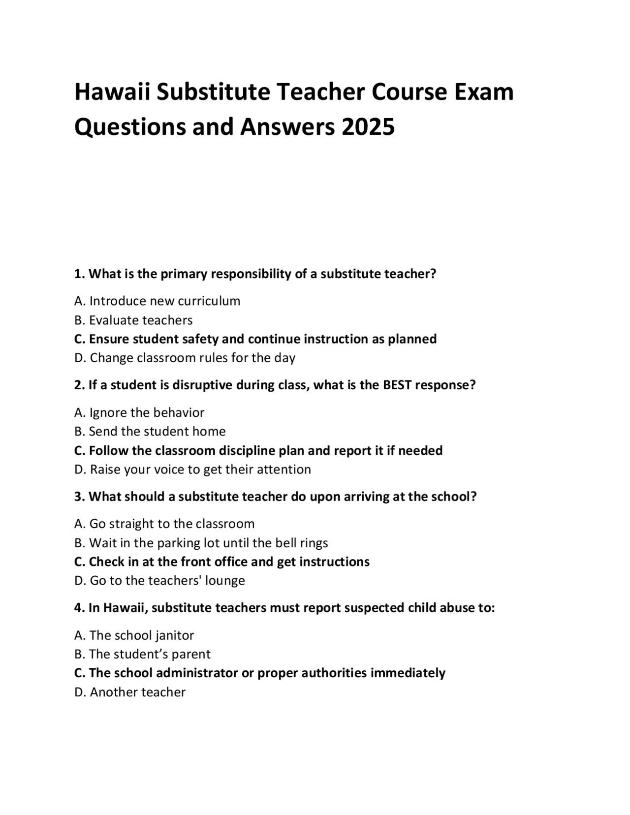 Hawaii Substitute Teacher Course Exam Questions and Answers 2025 ...