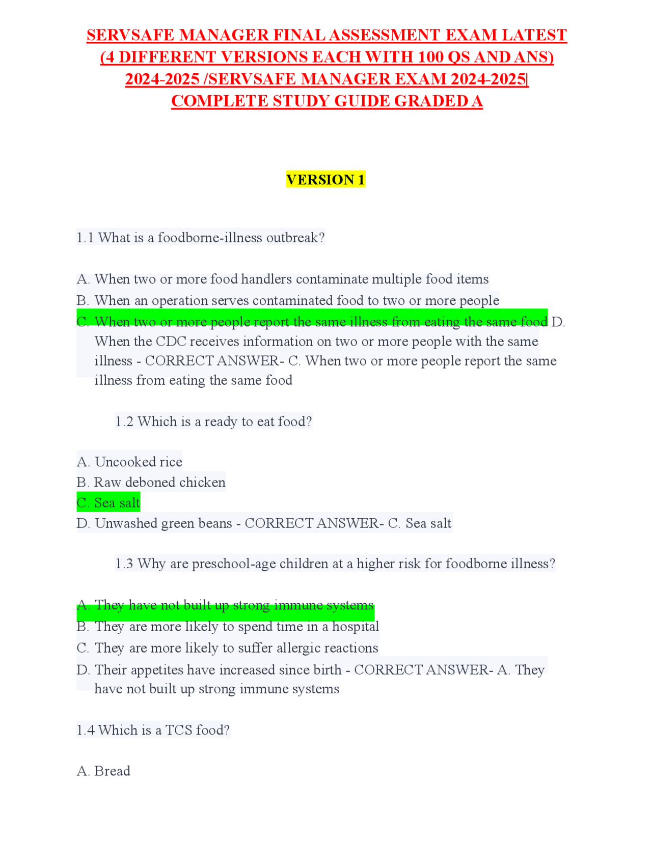 SERVSAFE MANAGER FINAL ASSESSMENT EXAM LATEST (4 DIFFERENT VERSIONS ...