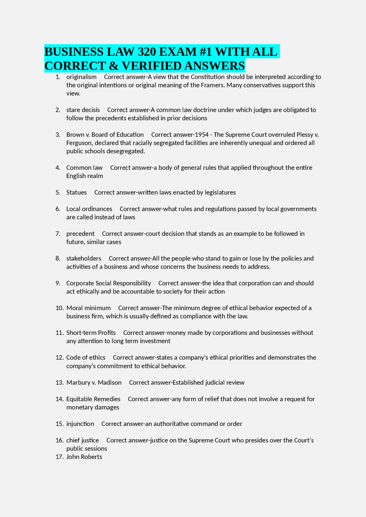 Business Law Exam 1: Questions and Verified Answers | Exams Business Systems | Docsity