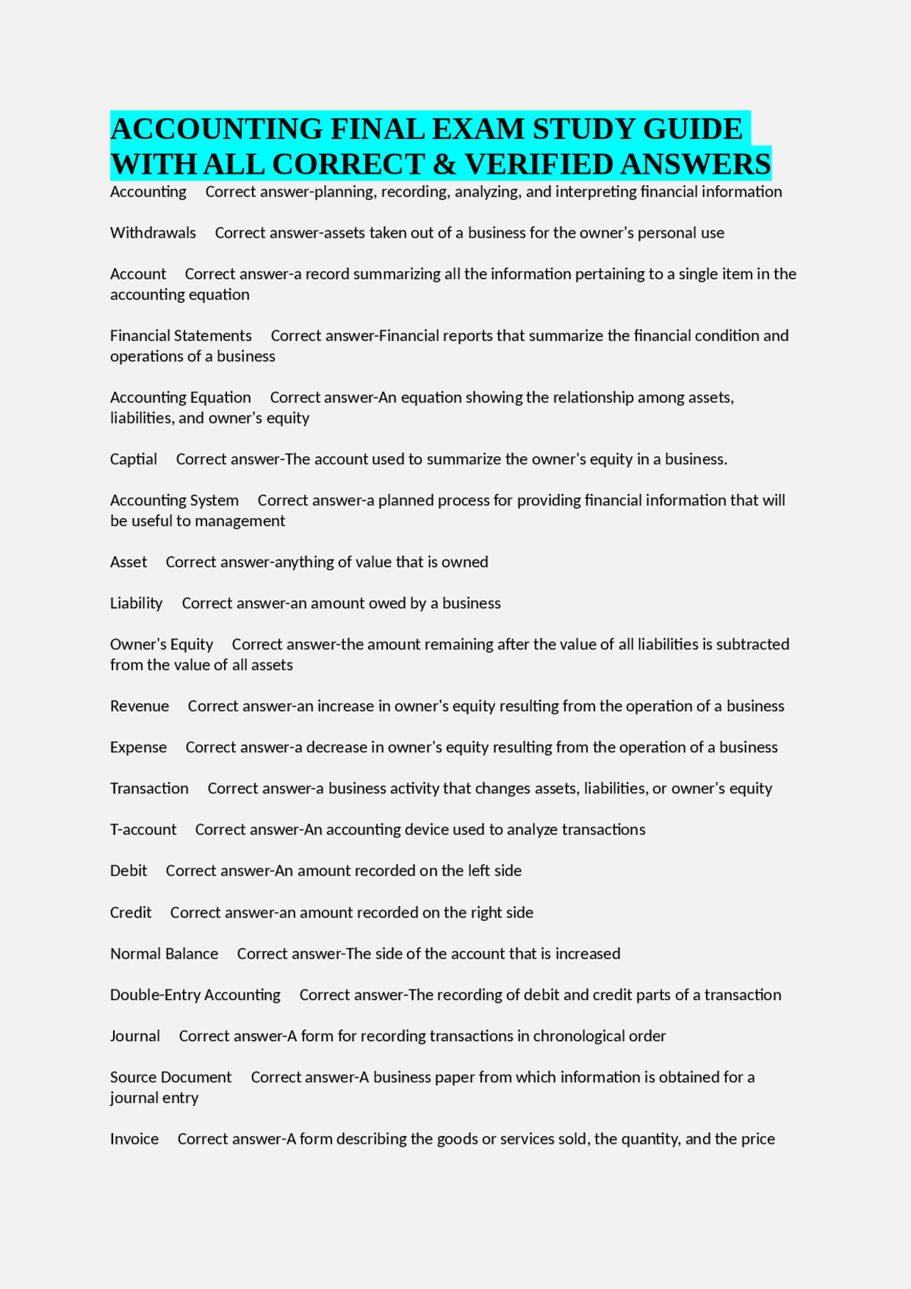 ACCOUNTING FINAL EXAM STUDY GUIDE WITH ALL CORRECT & VERIFIED ANSWERS ...
