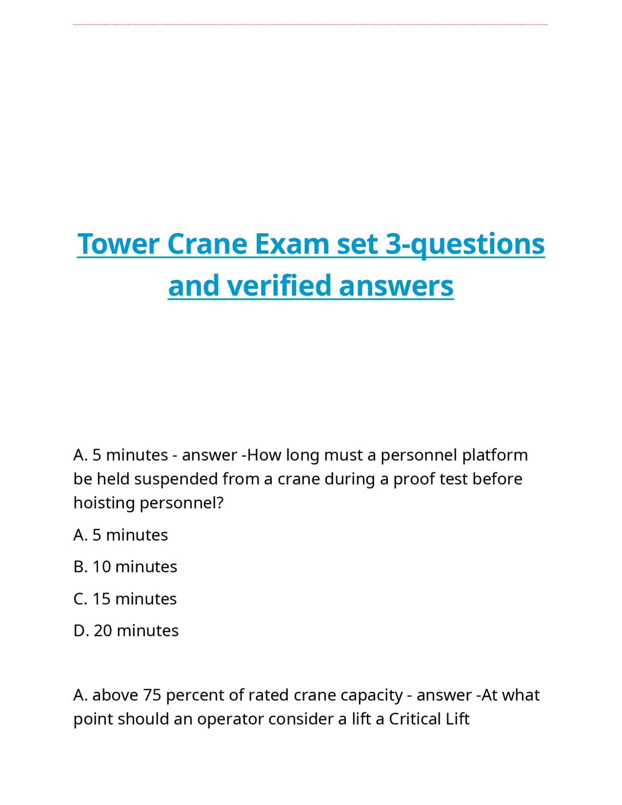 Tower Crane Operation Exam Questions and Answers | Exams Nursing | Docsity