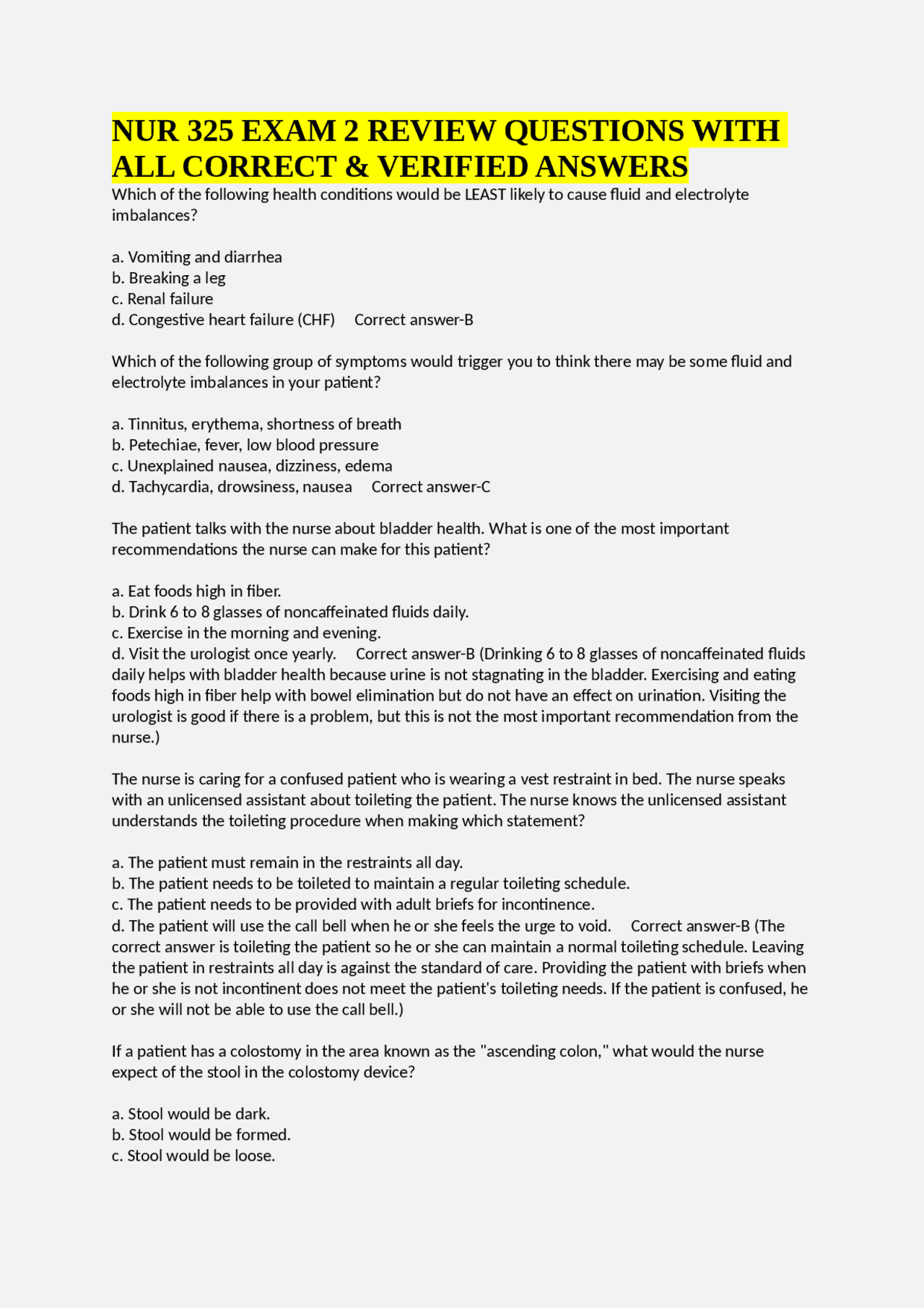 NUR 325 Nursing Exam 2 Review Questions and Answers | Exams Nursing ...