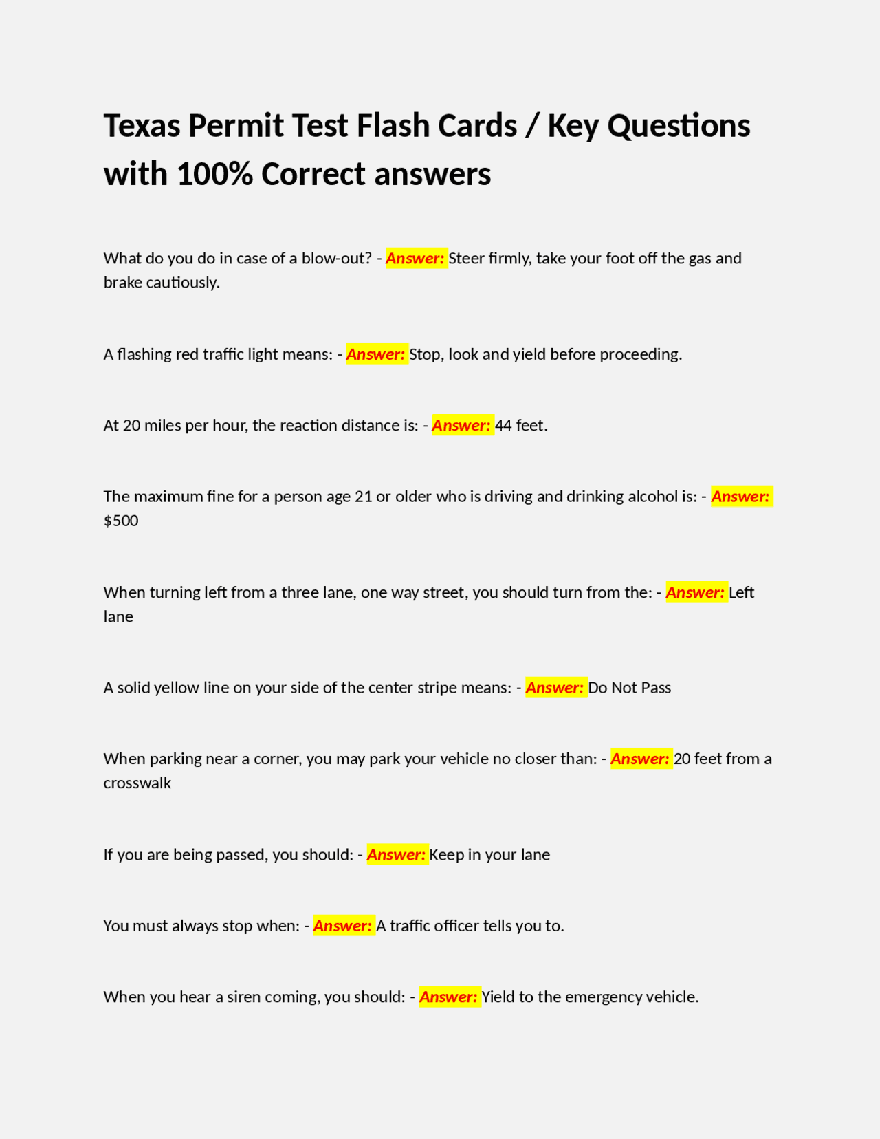 Task Test Texas Texas Permit Test Flash Cards / Key Questions with 100% Correct answers ...