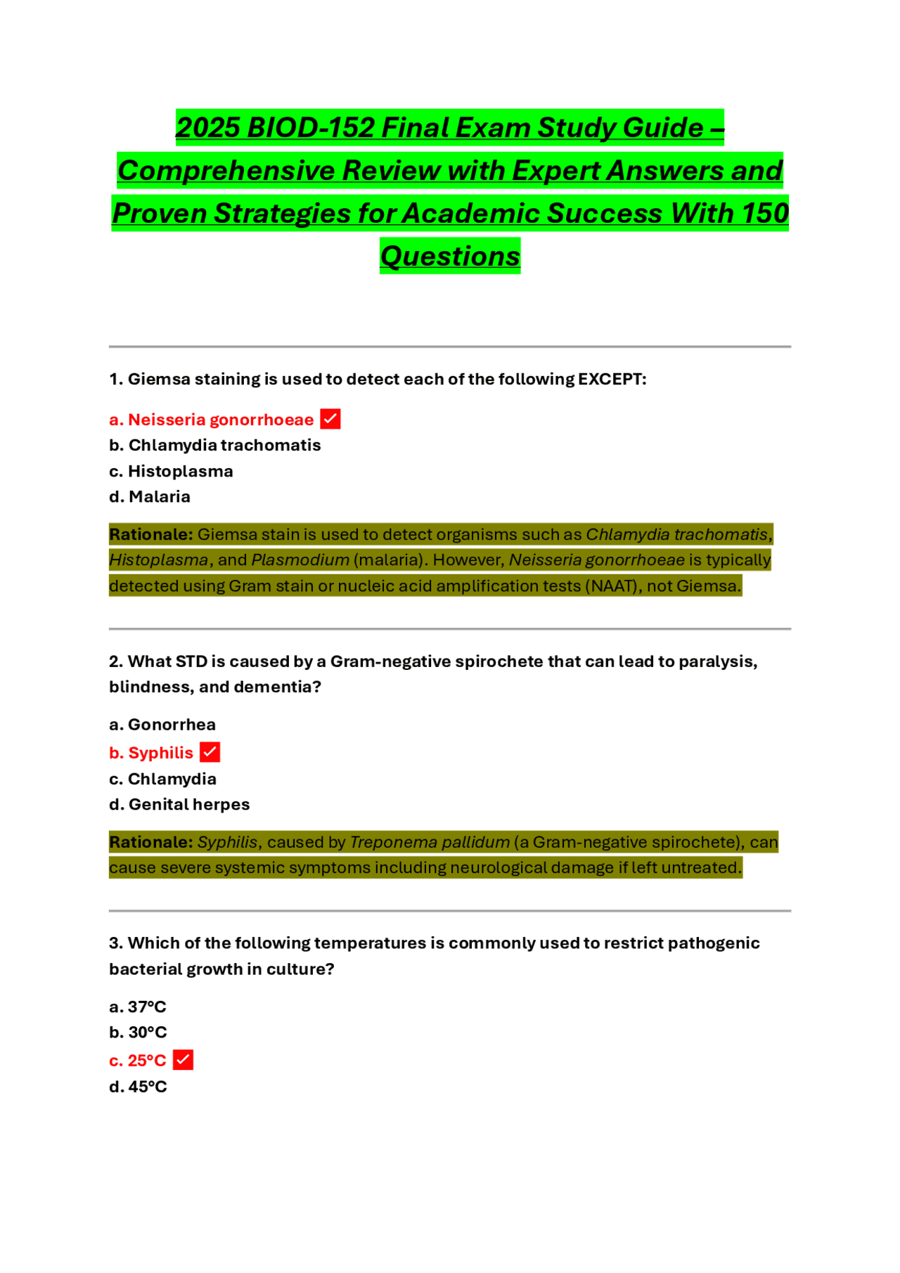 2025 BIOD-152 Final Exam Study Guide – Comprehensive Review with Expert ...