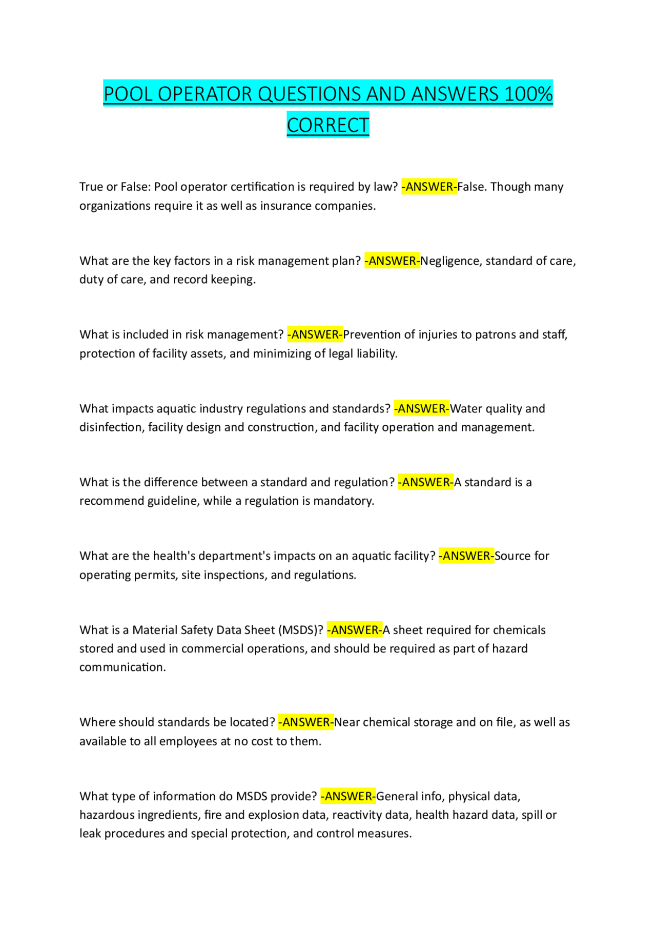 POOL OPERATOR QUESTIONS AND ANSWERS 100% CORRECT. | Exams Nursing | Docsity