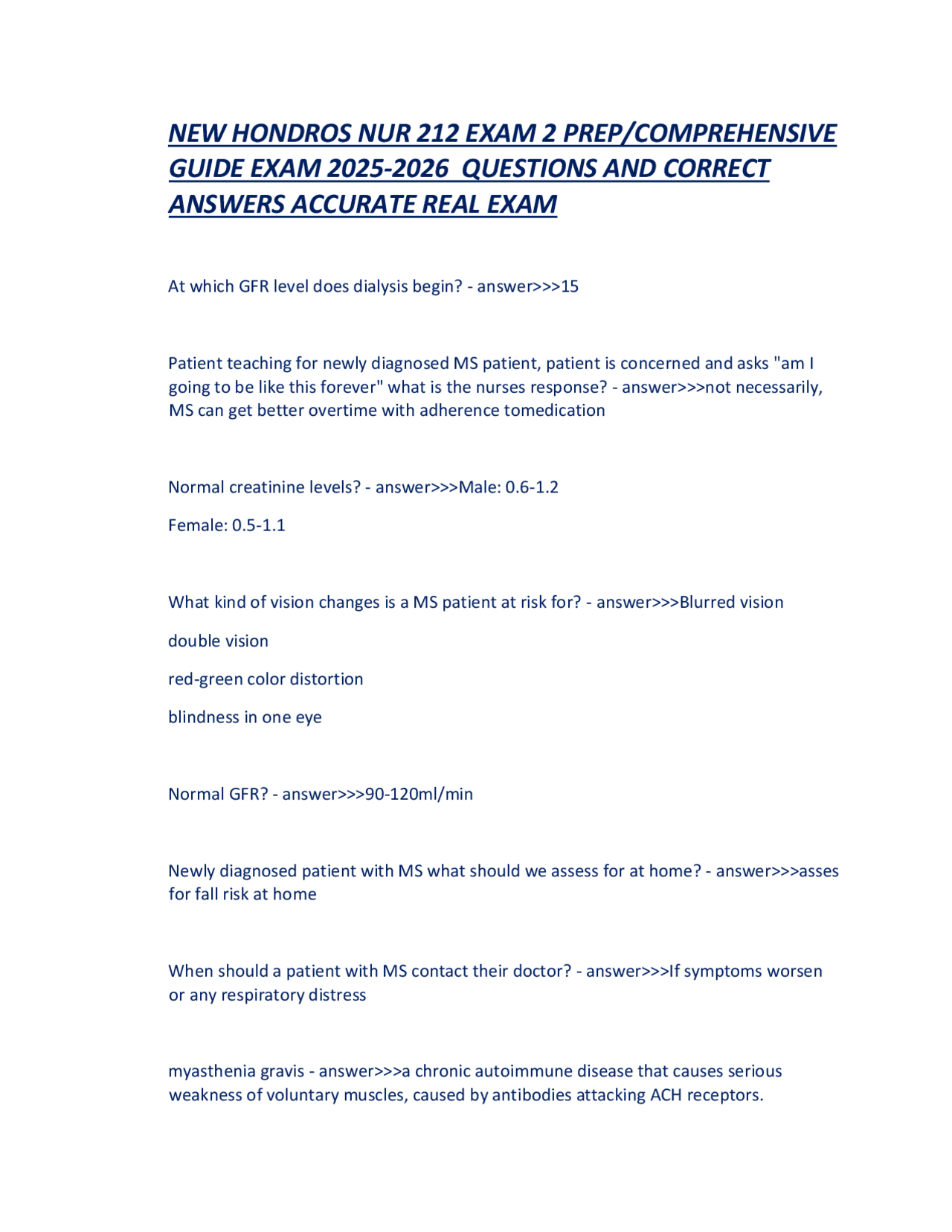 NUR 212 Exam Prep: Neuro, Kidney & GI Disorders - Q&A Study Guide ...