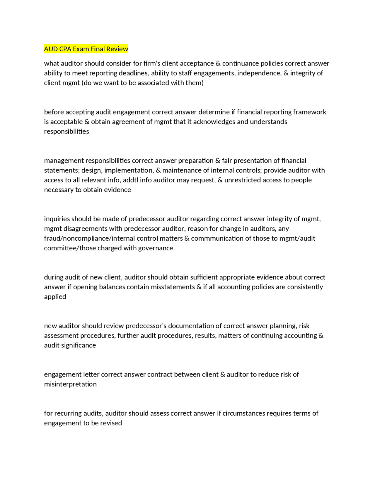 AUD CPA Exam: Auditor Responsibilities and Engagement Review | Exams ...