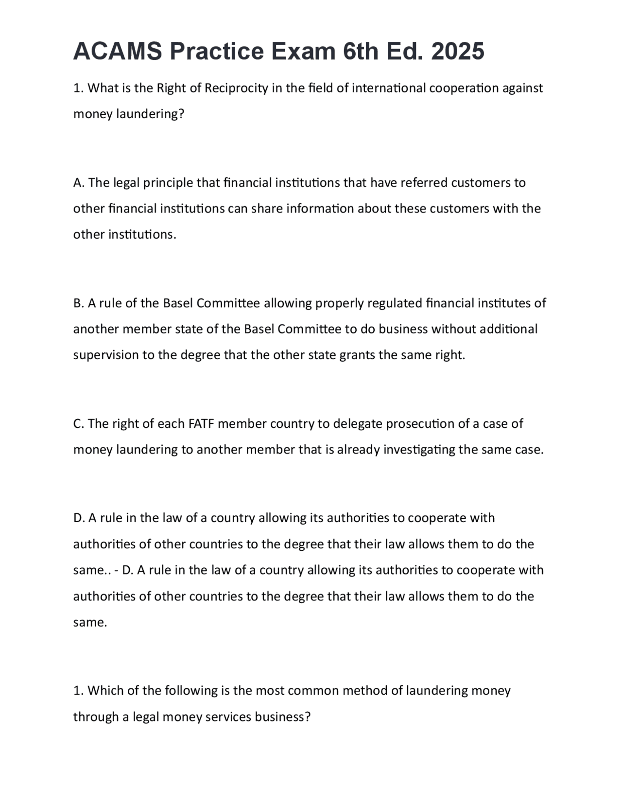 Anti-Money Laundering (AML) Practice Exam: Multiple Choice Questions ...
