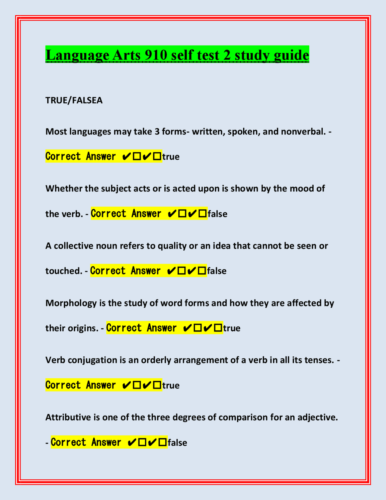 Language Arts 910 self test 2 study guide Questions With Complete ...