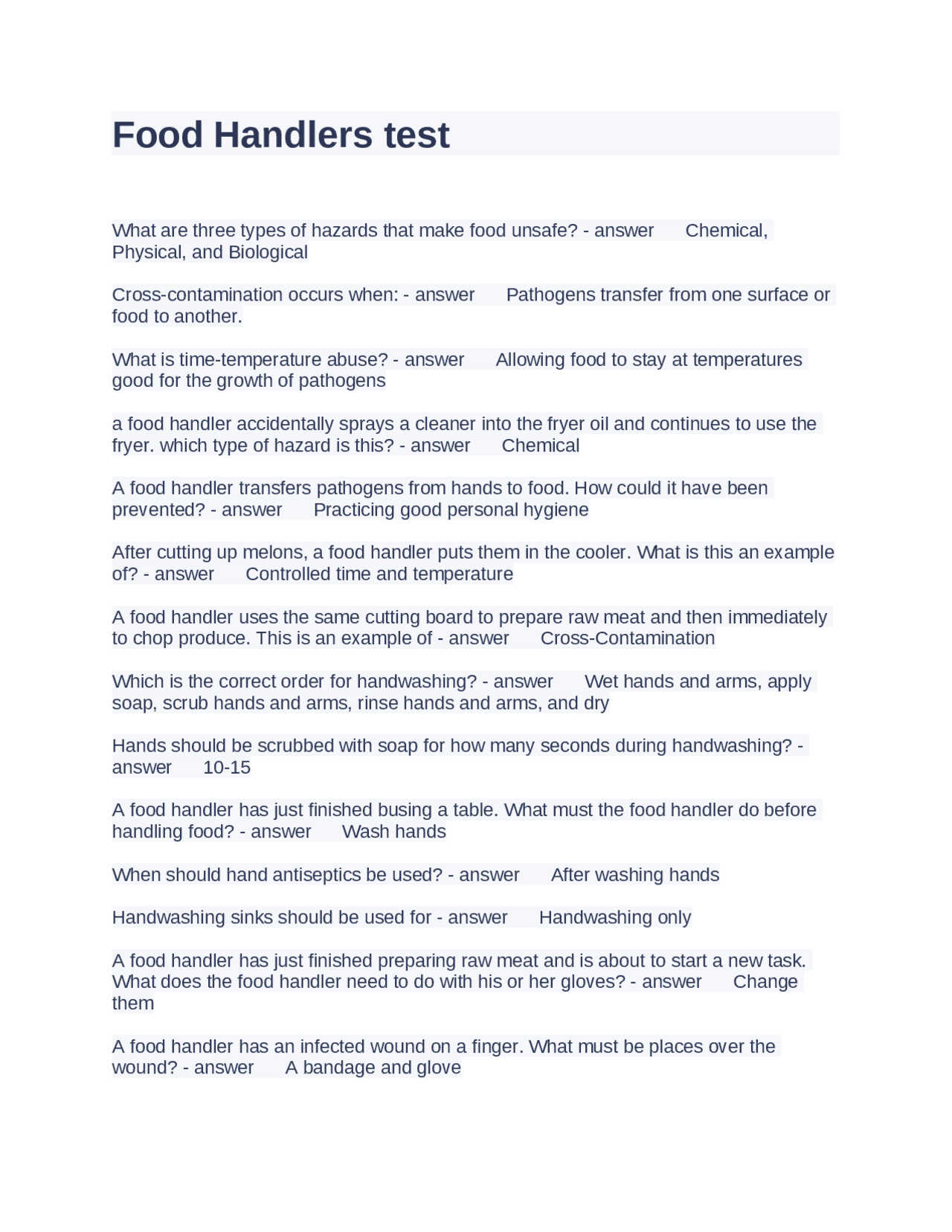 Food Handler's Safety Quiz: Questions and Answers | Exams Advanced ...