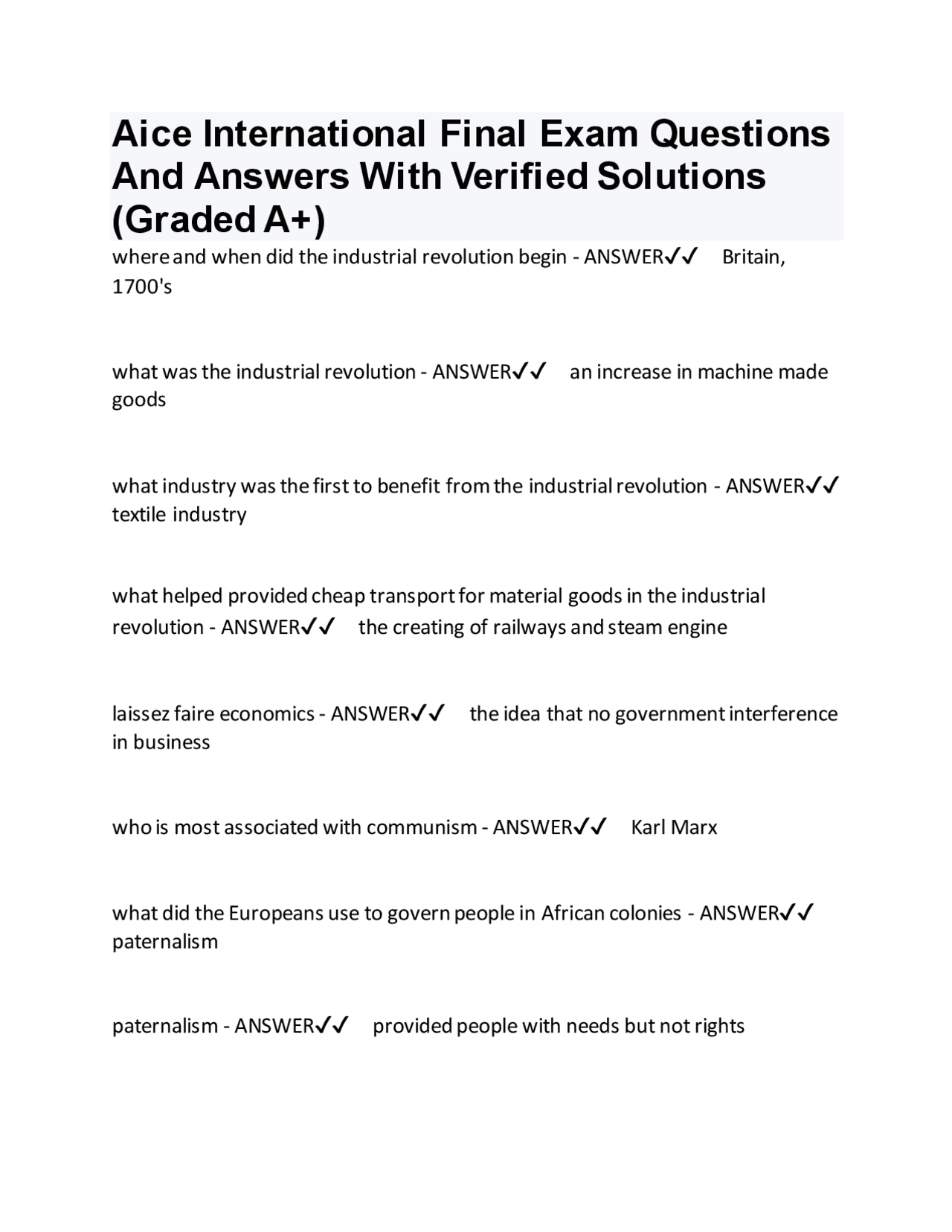 Aice International Final Exam Questions And Answers With Verified ...