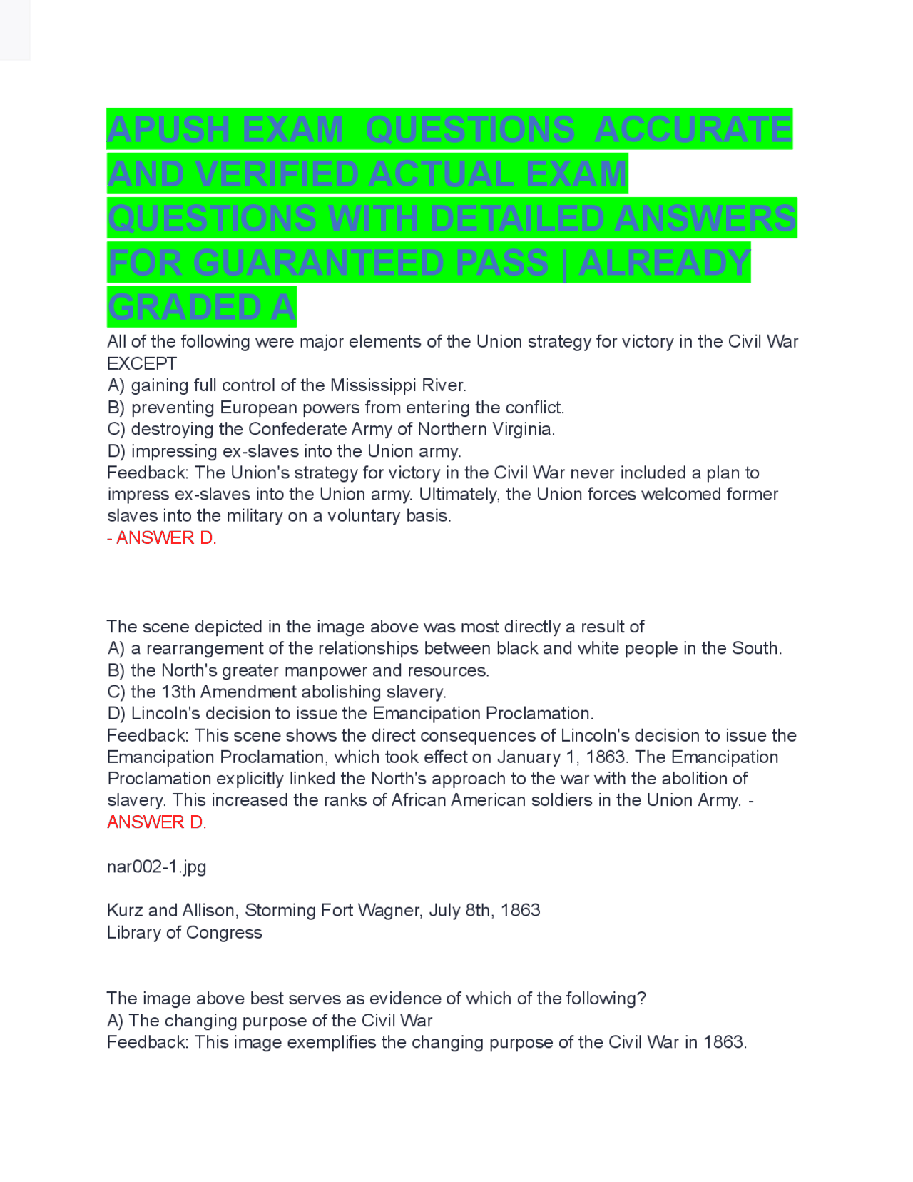 APUSH EXAM QUESTIONS ACCURATE AND VERIFIED ACTUAL EXAM QUESTIONS WITH ...