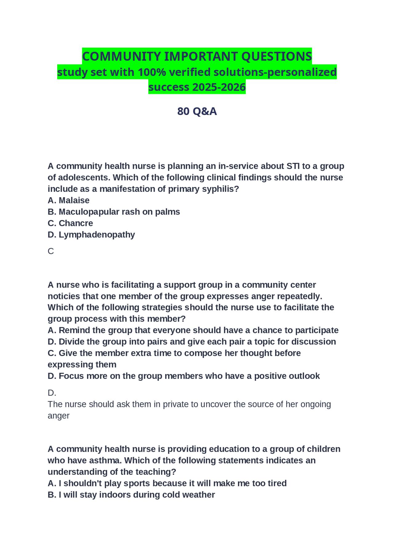 COMMUNITY IMPORTANT QUESTIONS study set with 100% verified solutions ...