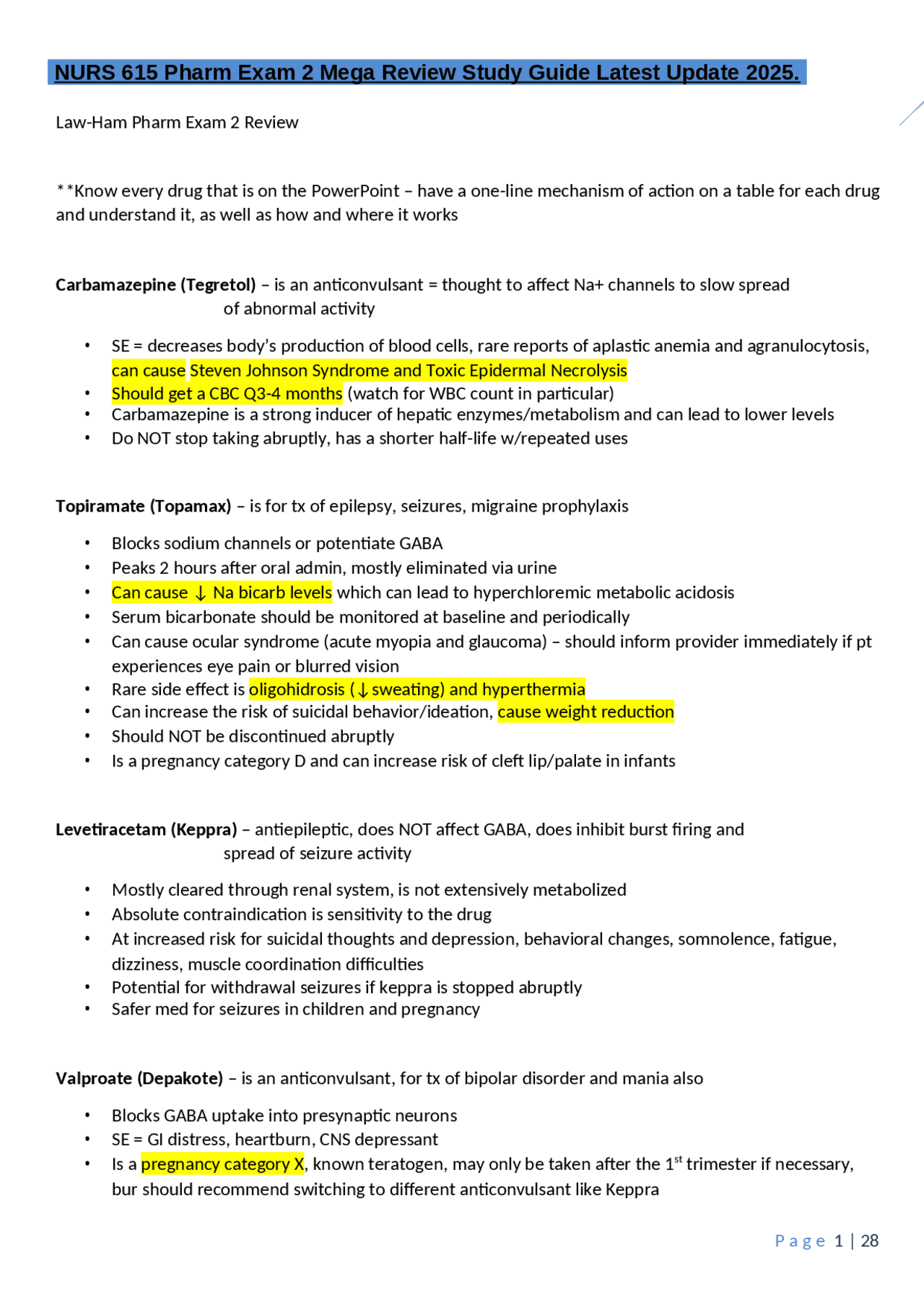 NURS 615 Pharm Exam 2 Mega Review Study Guide Latest Update 2025 ...