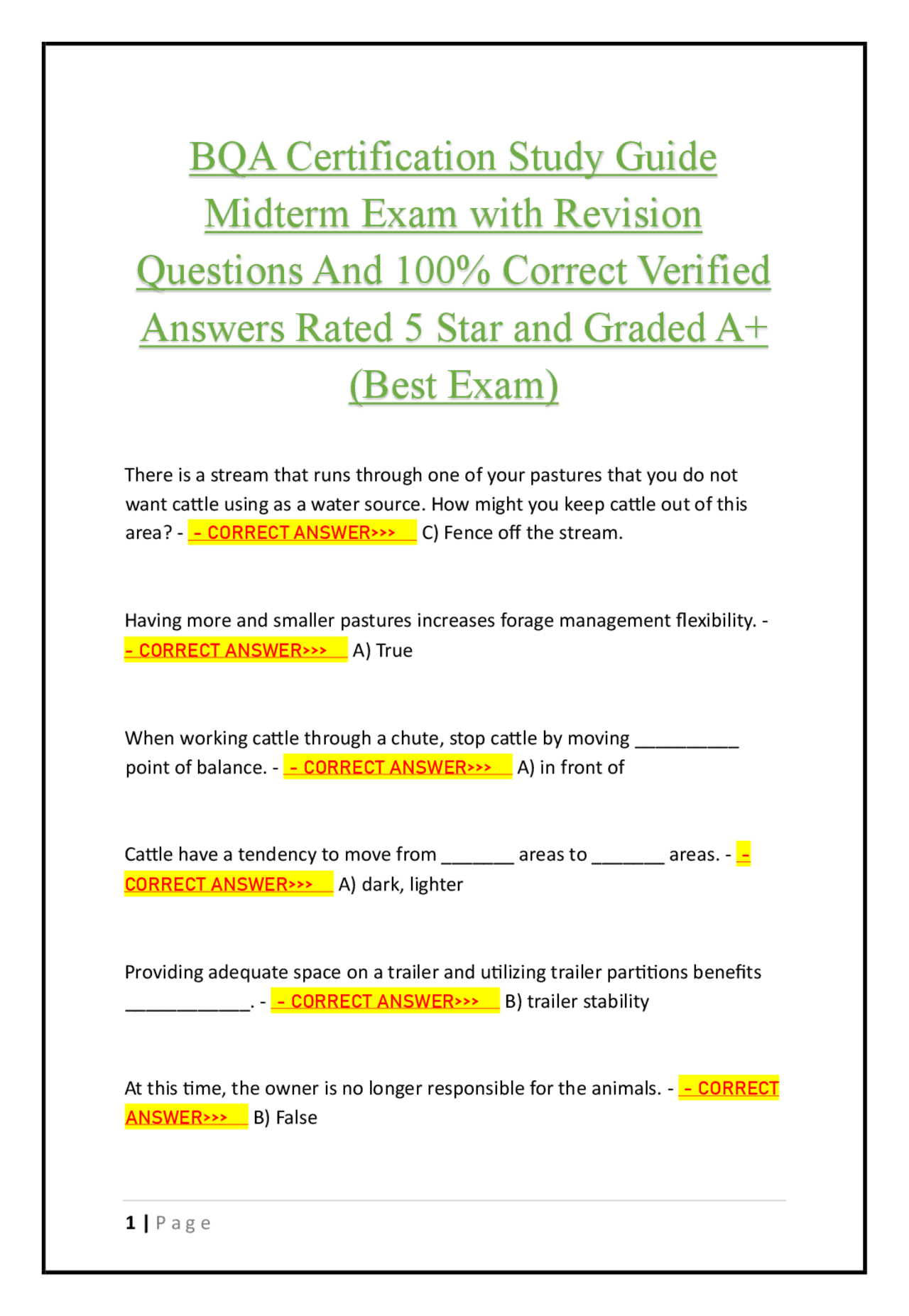BQA Certification Study Guide Midterm Exam with Revision Questions And ...
