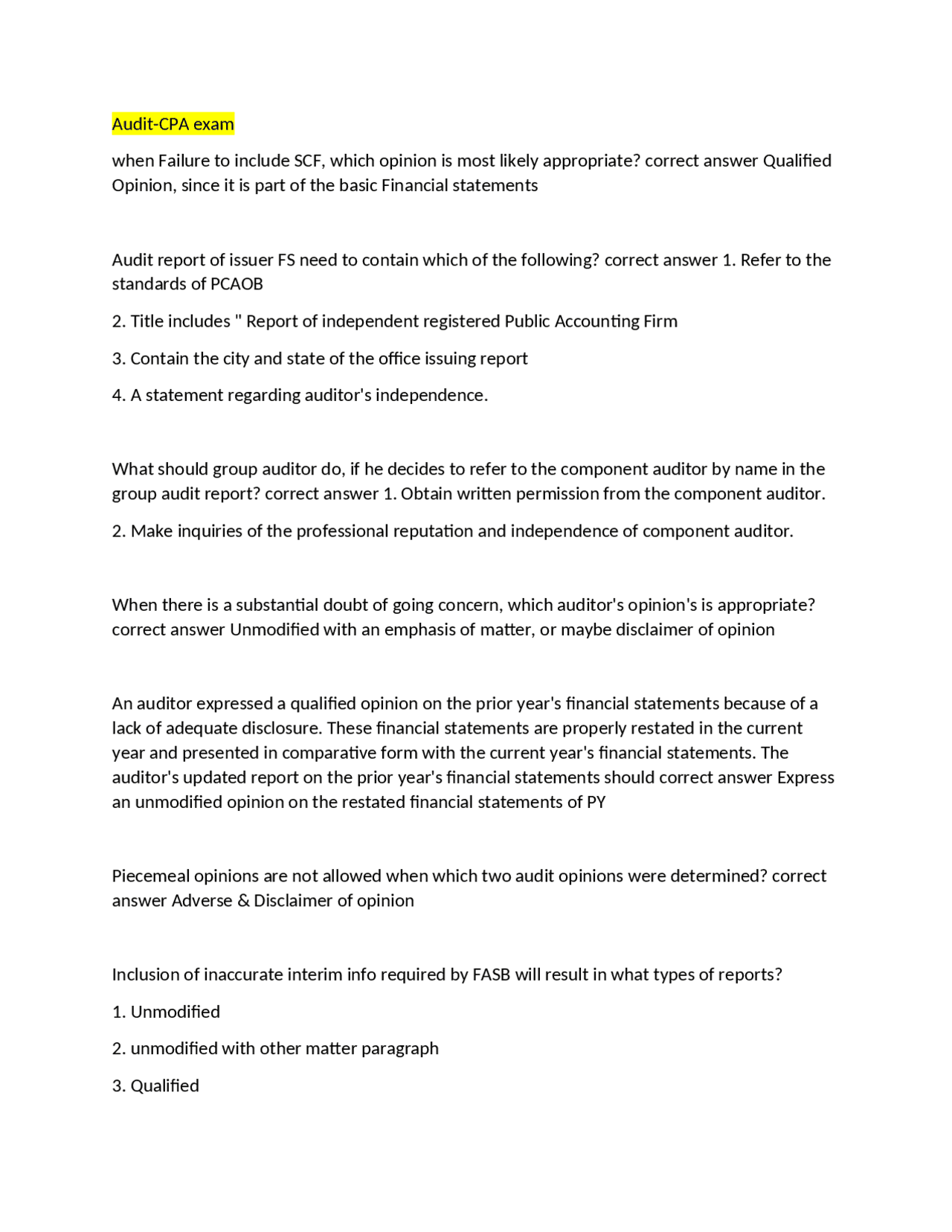 Audit-CPA examination sample questions | Exams Business Ethics | Docsity