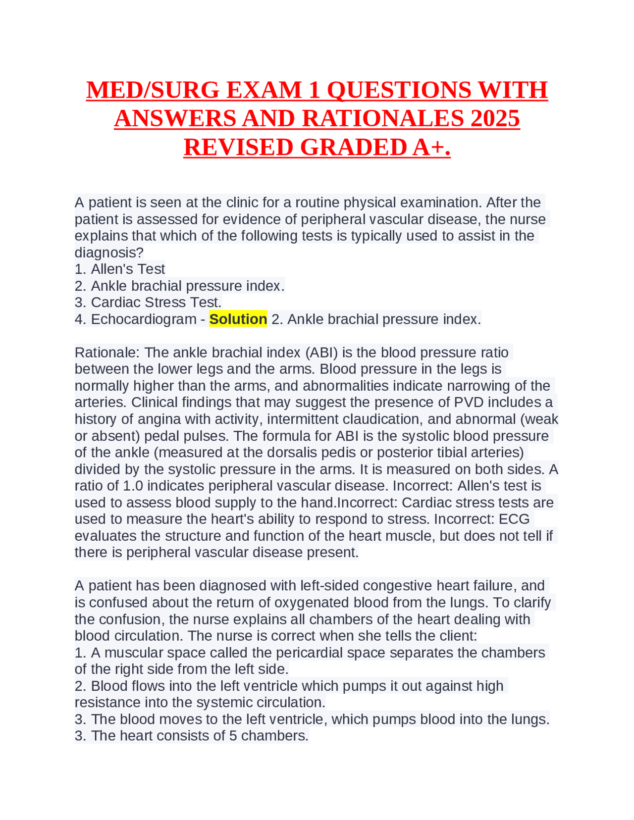 MED/SURG EXAM 1 QUESTIONS WITH ANSWERS AND RATIONALES 2025 REVISED ...