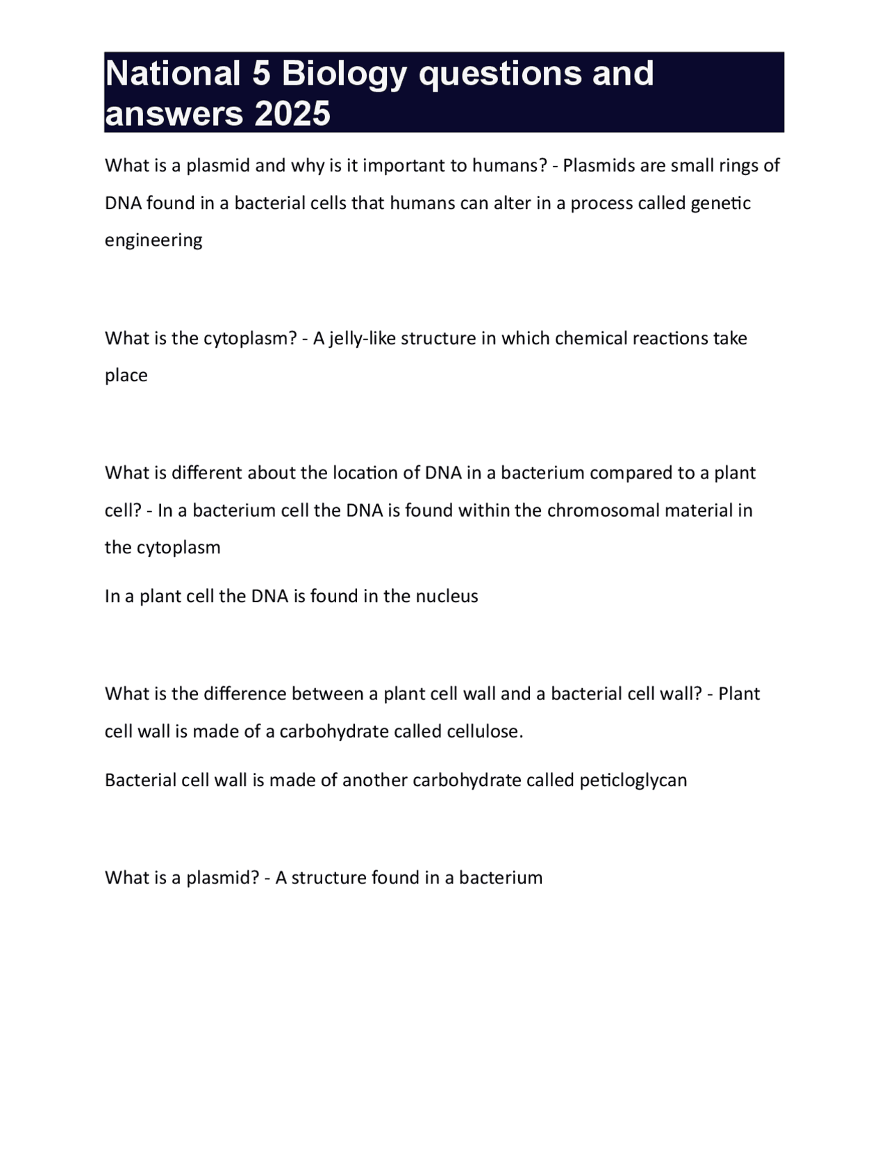 National 5 Biology questions and answers 2025 | Exams Biology | Docsity