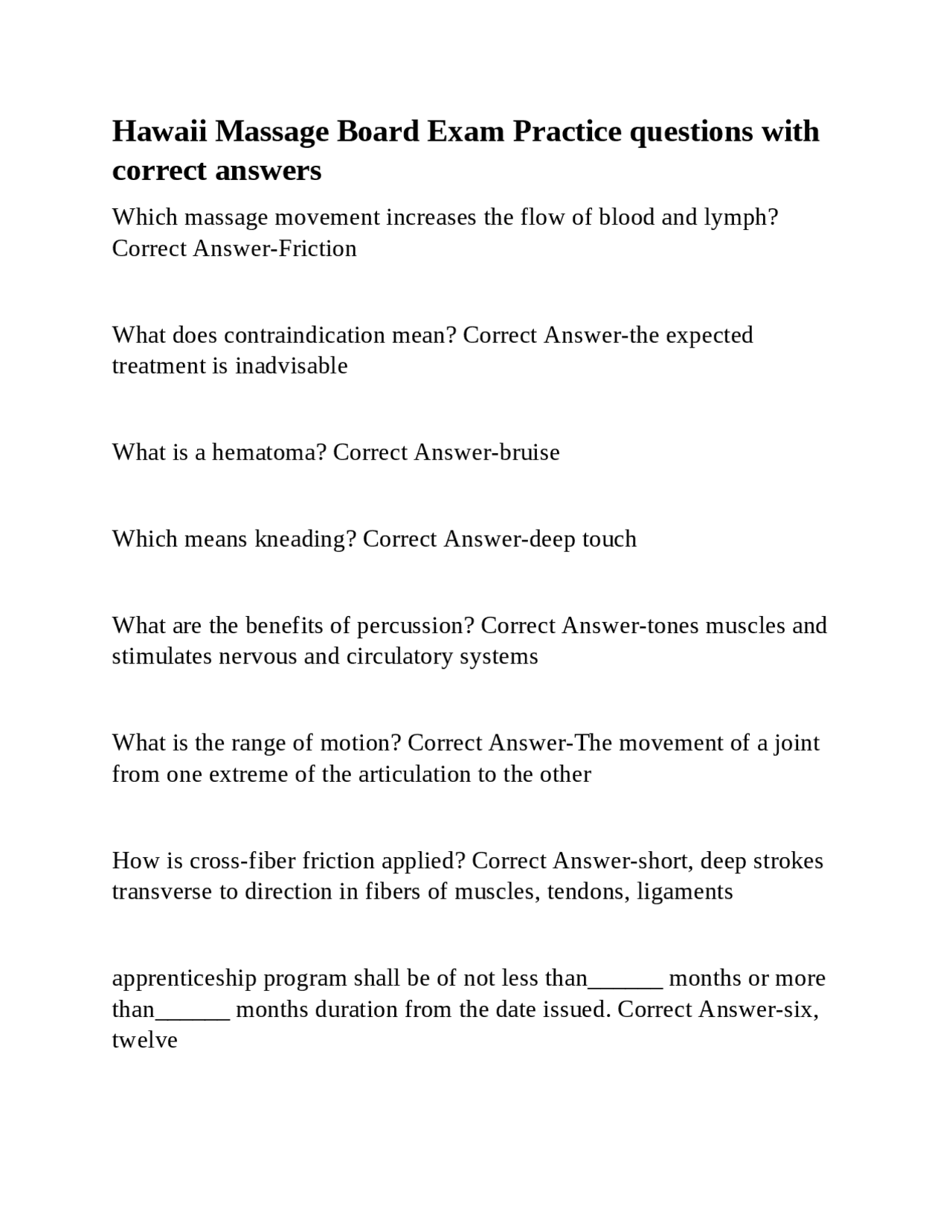 Hawaii Massage Board Exam Practice questions with correct answers ...