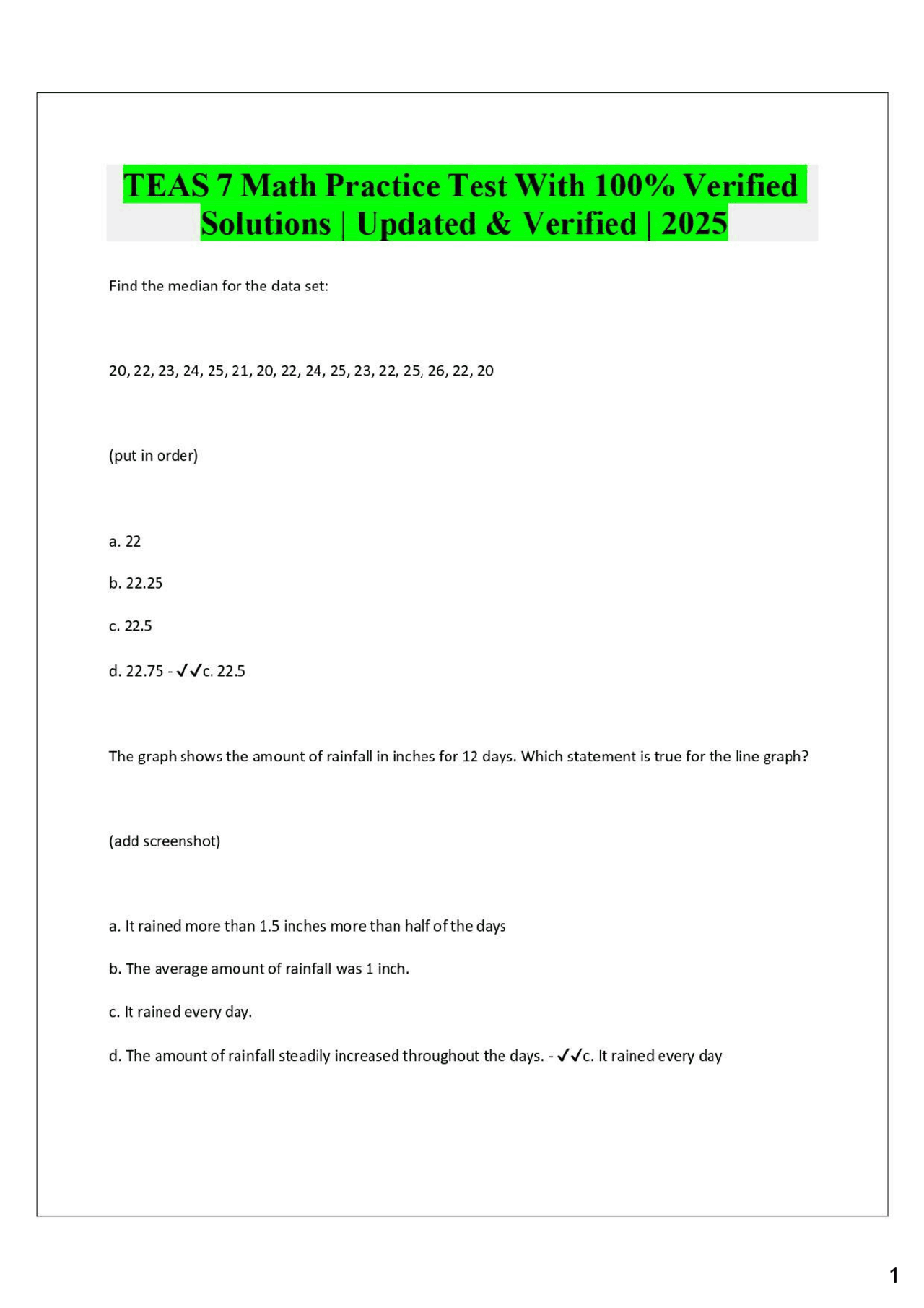 TEAS 7 Math Practice Test With 100% Verified Solutions | Updated ...