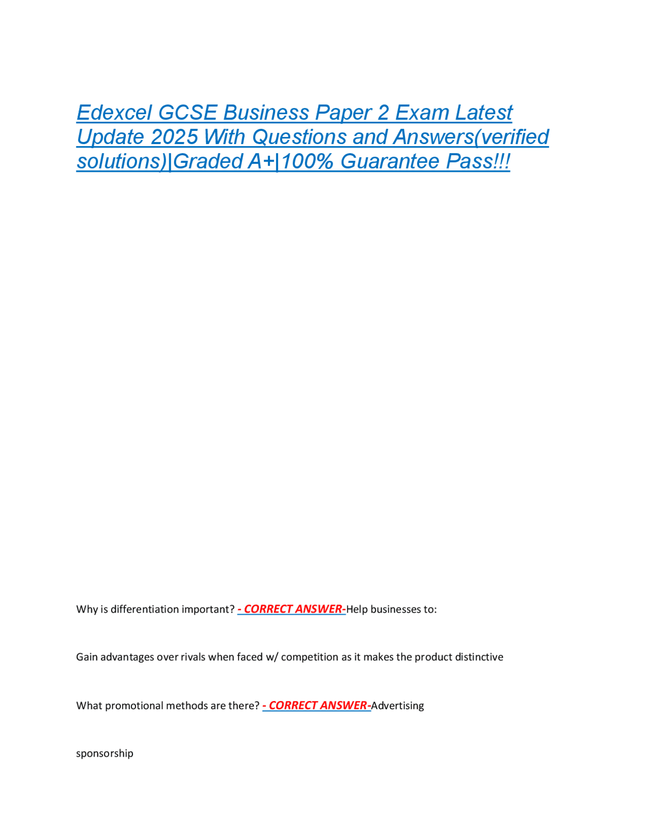 Edexcel GCSE Business Paper 2 Exam Latest Update 2025 With Questions ...