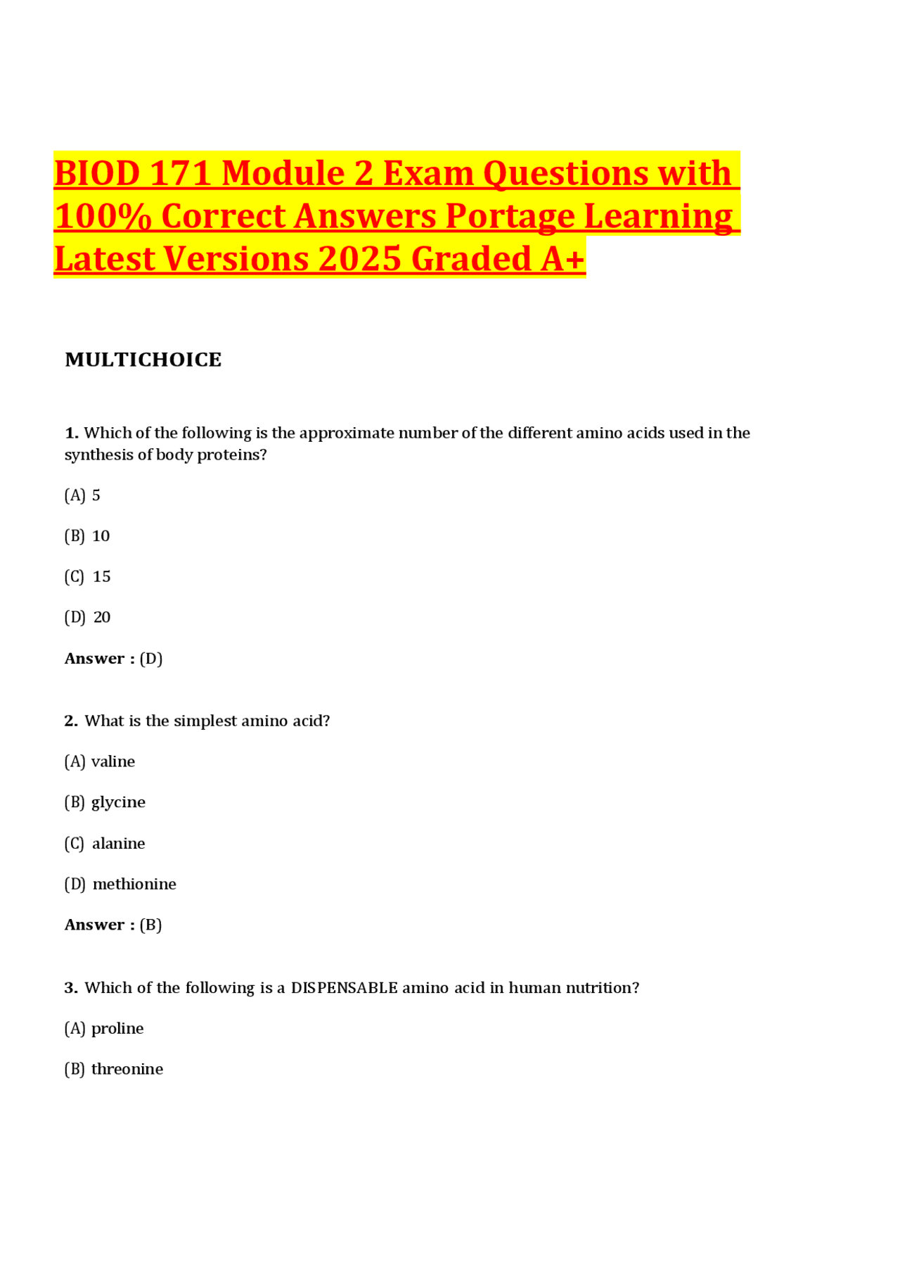 BIOD 171 Module 2 Exam Questions with 100% Correct Answers Portage ...
