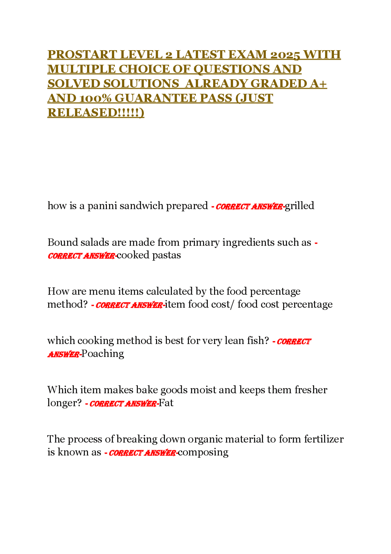 PROSTART LEVEL 2 LATEST EXAM 2025 WITH MULTIPLE CHOICE OF QUESTIONS AND ...