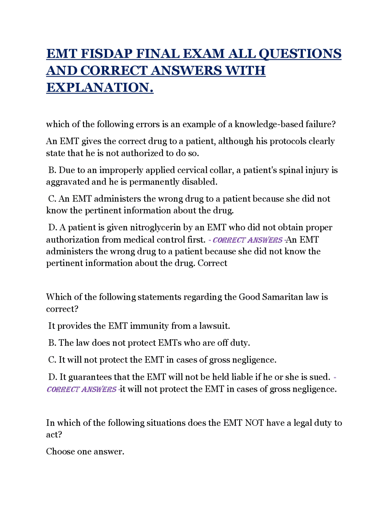 EMT FISDAP FINAL EXAM ALL QUESTIONS AND CORRECT ANSWERS WITH ...