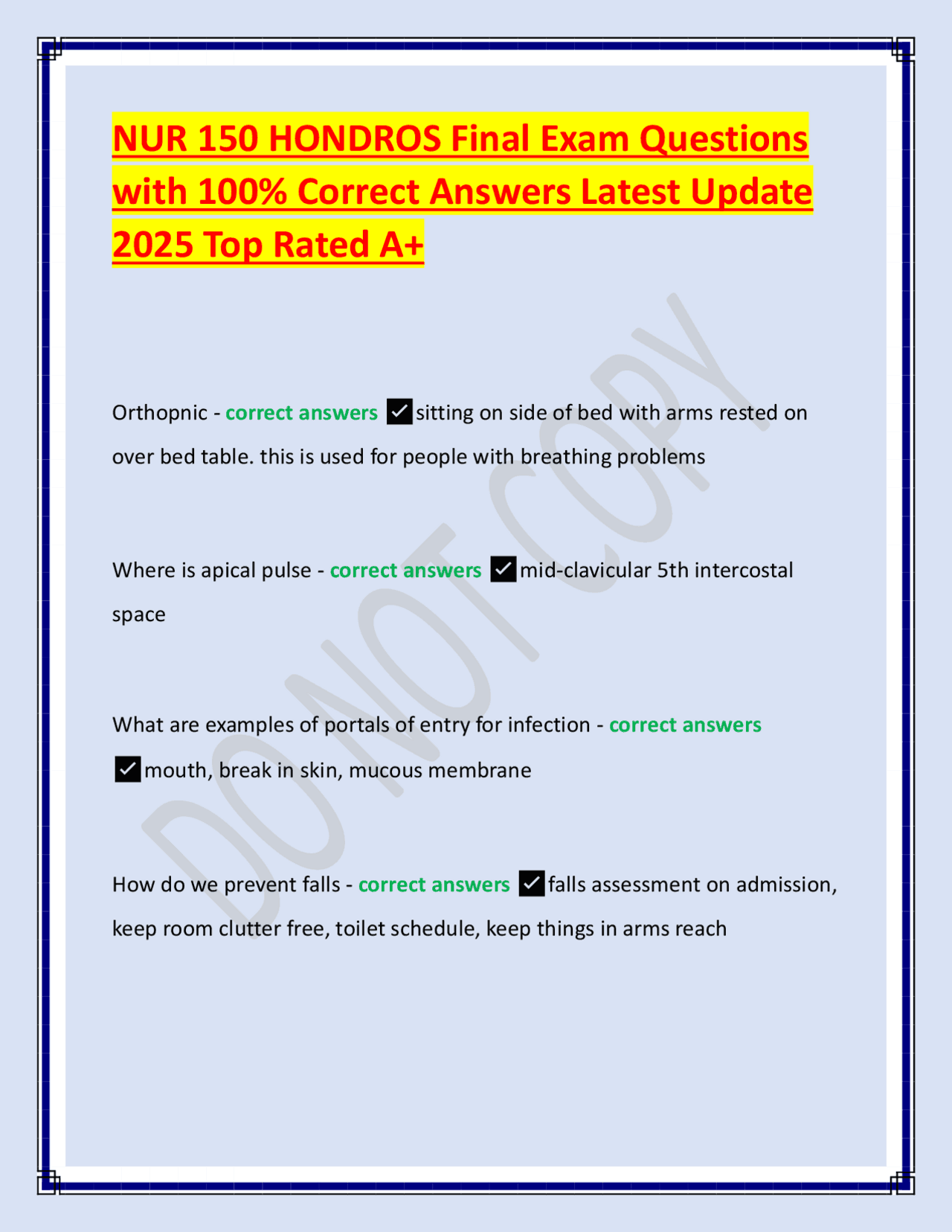 NUR 150 HONDROS Final Exam Questions with 100% Correct Answers Latest ...
