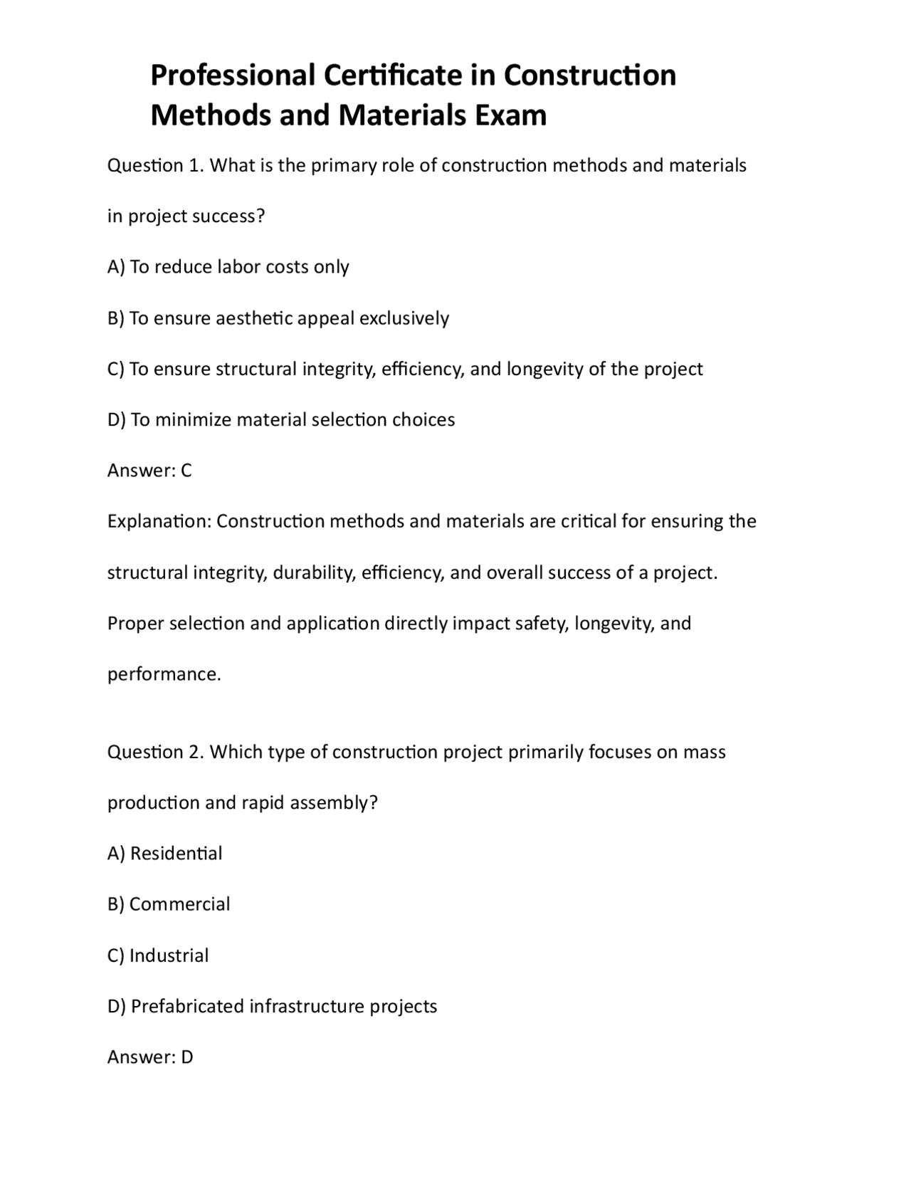 Professional Certificate in Construction Methods and Materials Exam ...