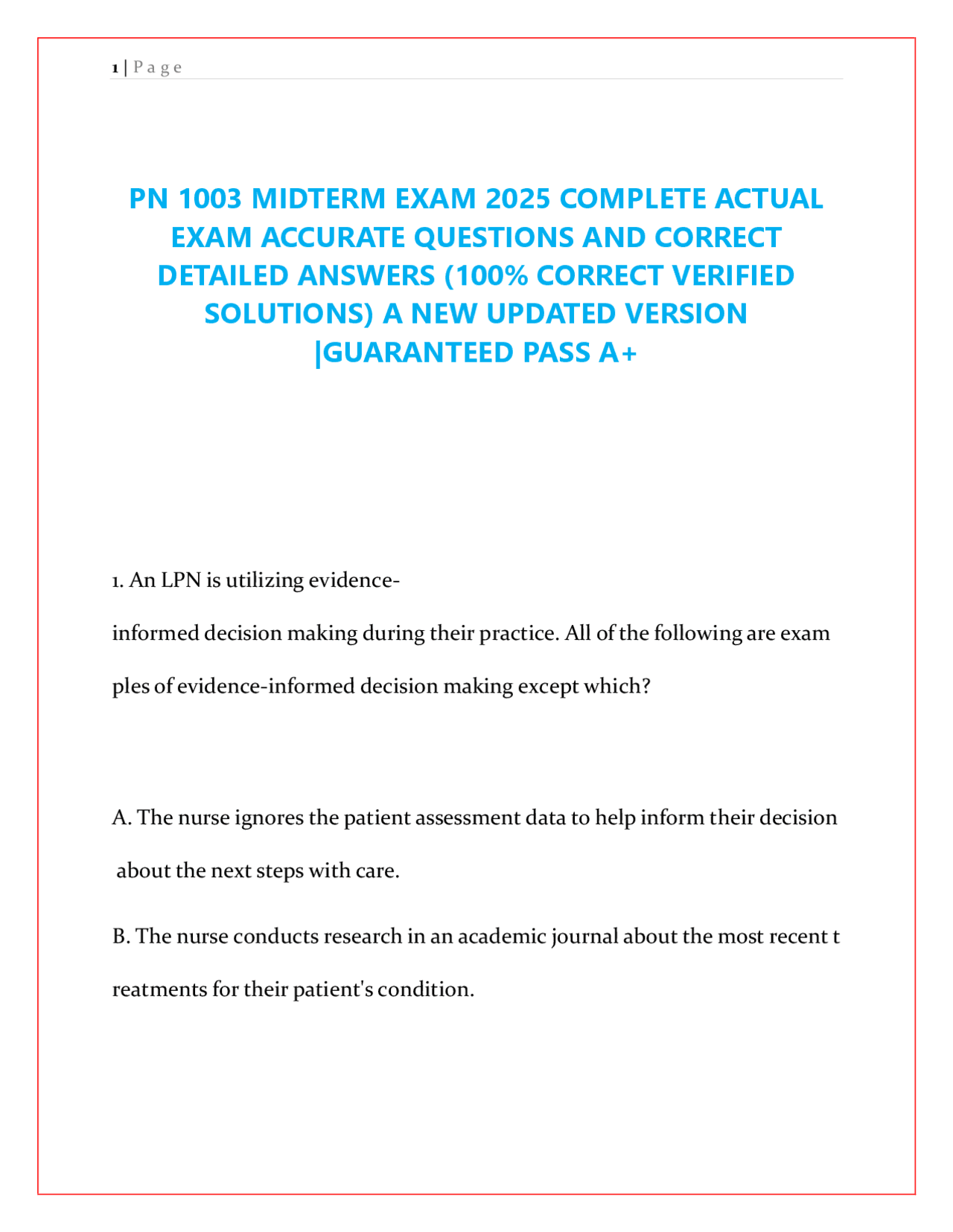 PN 1003 MIDTERM EXAM 2025 COMPLETE ACTUAL EXAM ACCURATE QUESTIONS AND ...