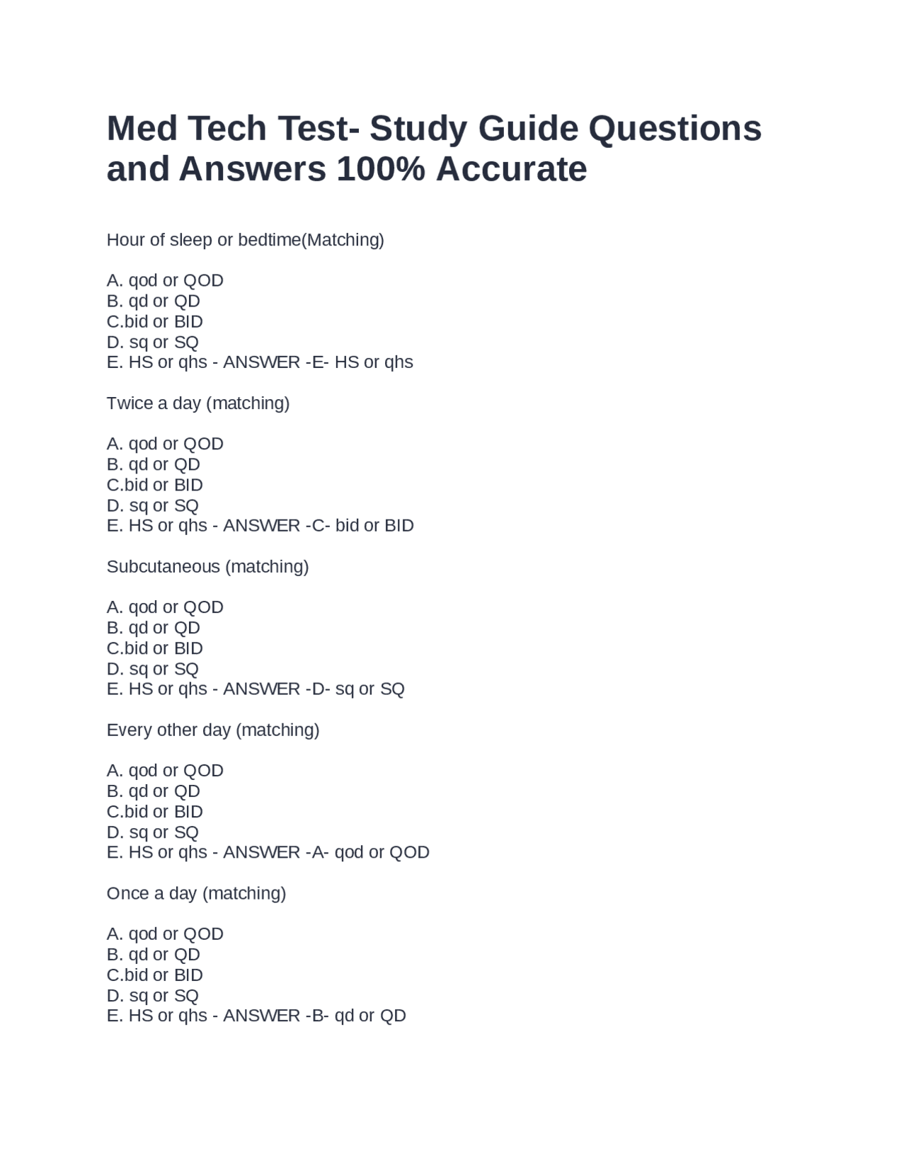 Med Tech Test- Study Guide Questions and Answers 100% Accurate | Exams Nursing | Docsity