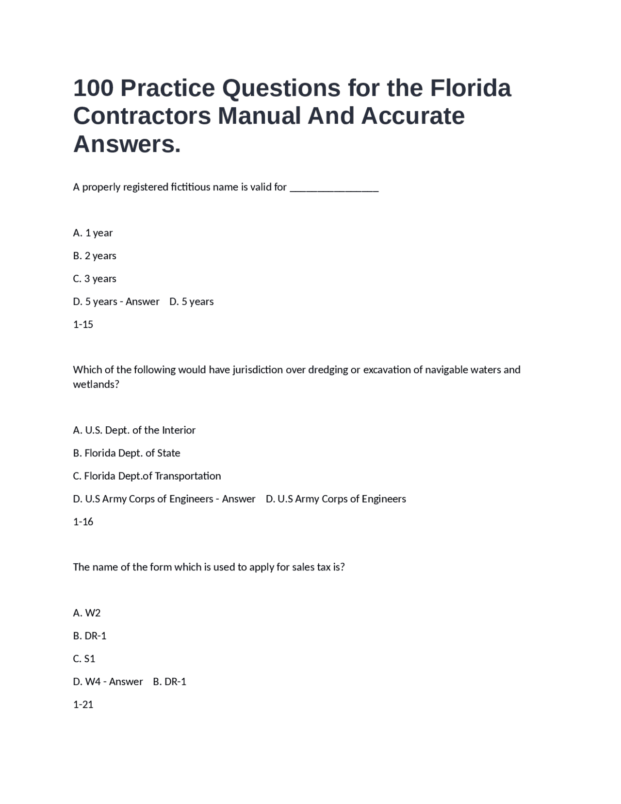 Florida Contractors Manual: 100 Practice Questions and Answers | Exams ...