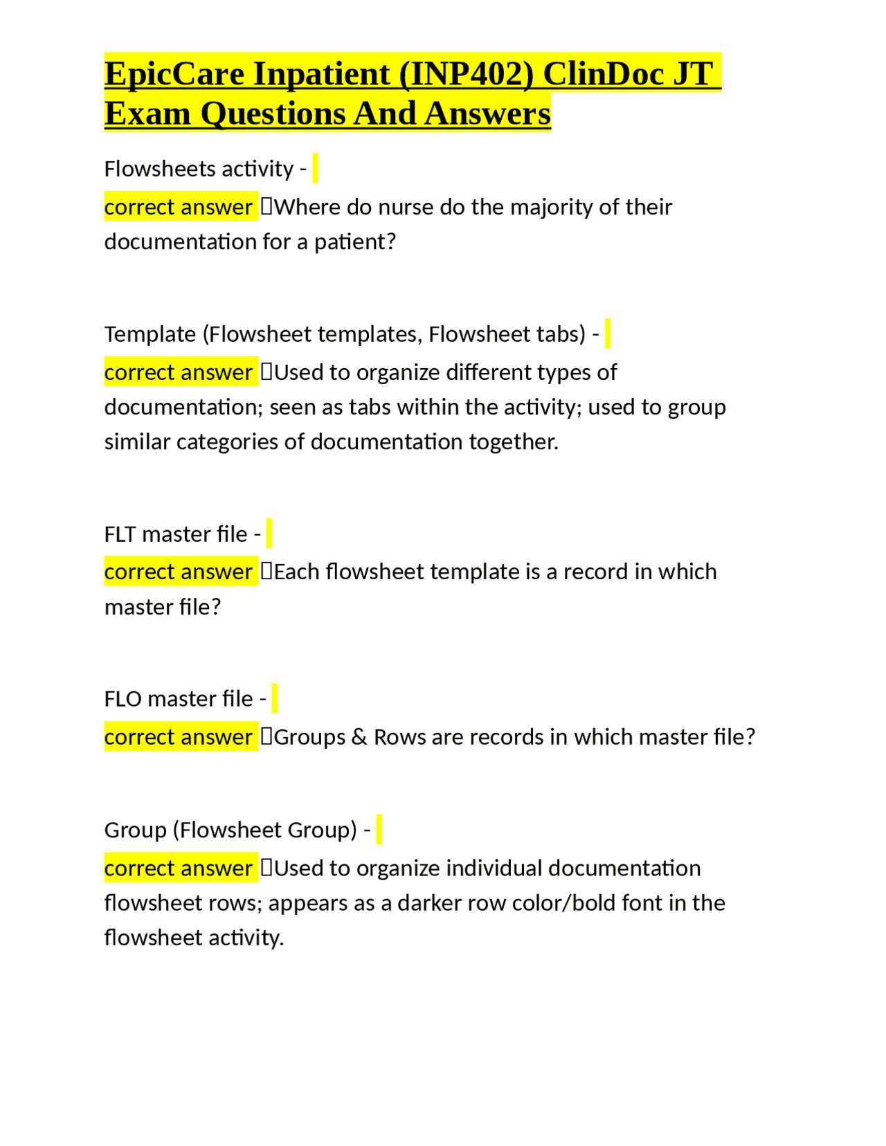 EpicCare Inpatient (INP402) ClinDoc JT Exam Questions And Answers ...
