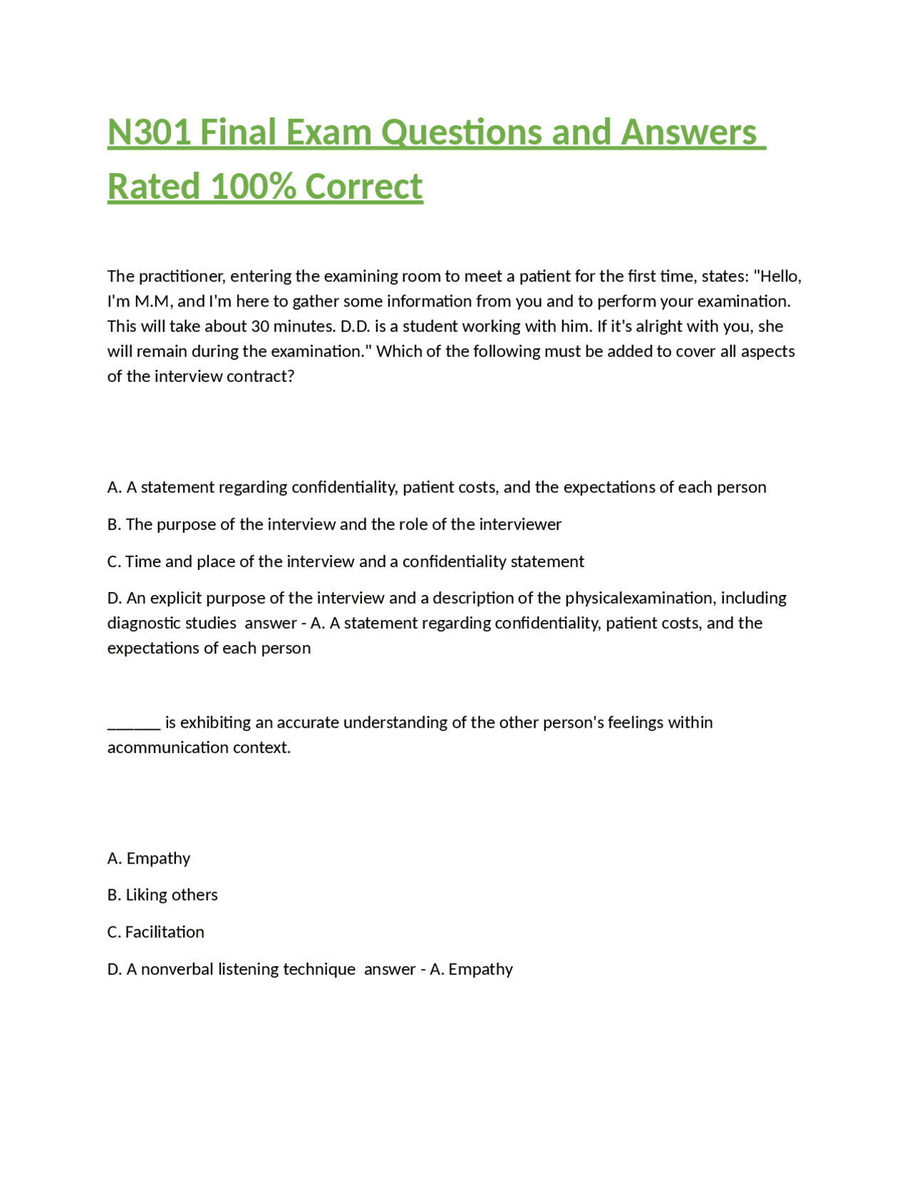 N301 Final Exam Questions and Answers Rated 100% Correct | Exams ...