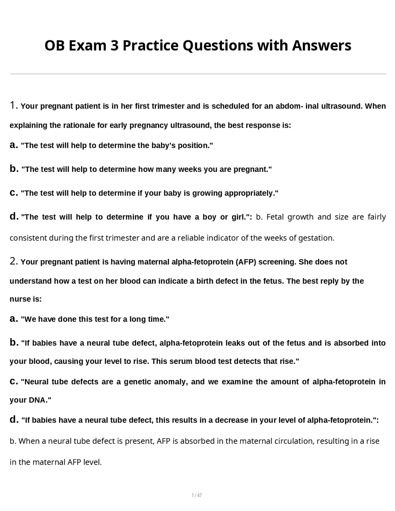 OB Exam 3 Practice Questions with Answers | Exams Obstetrics | Docsity