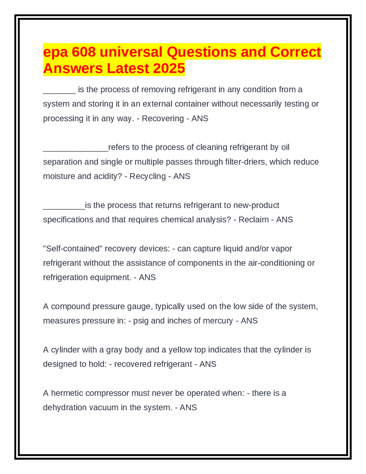 epa 608 universal Questions and Correct Answers Latest 2025 | Exams ...