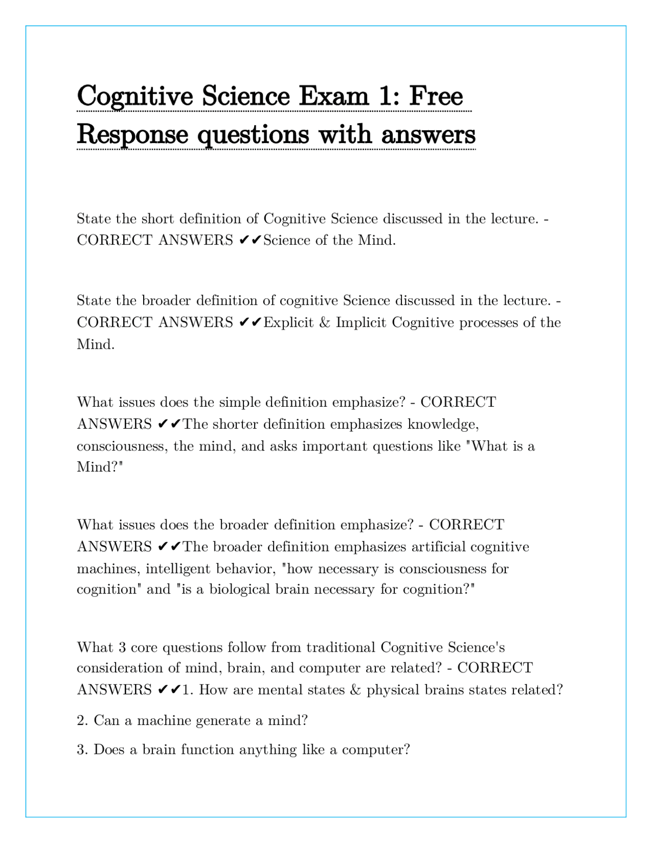 Cognitive Science Exam 1- Free Response questions with answers | Exams ...