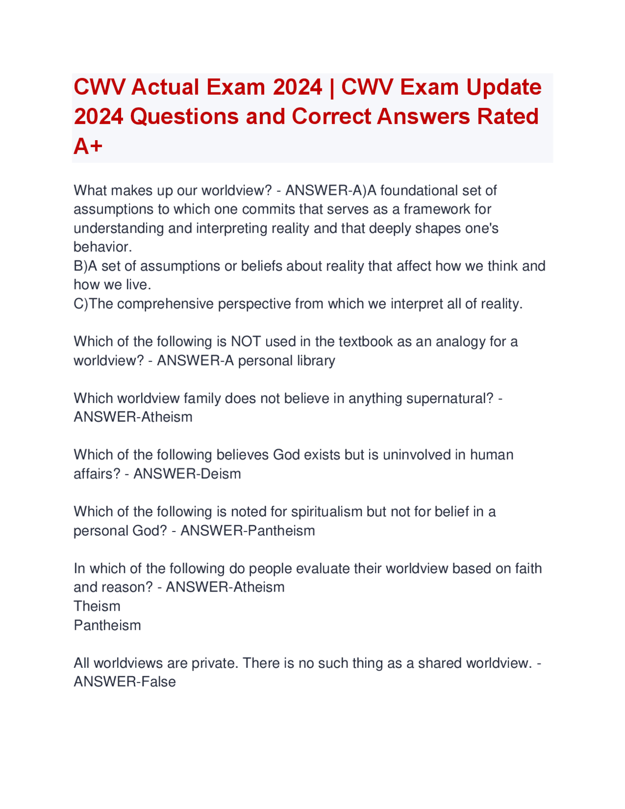 CWV Actual Exam 2024 | CWV Exam Update 2024 Questions and Correct ...