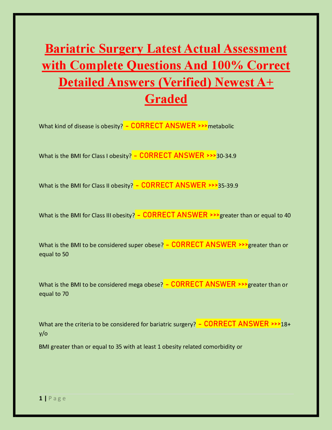 Bariatric Surgery Latest Actual Assessment with Complete Questions And ...